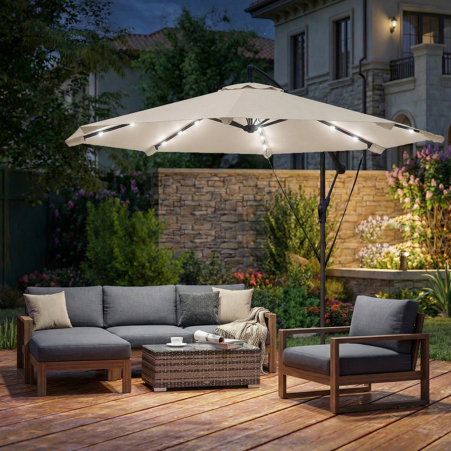 3 m Cantilever Parasol with Solar LED Lights Garden Umbrella