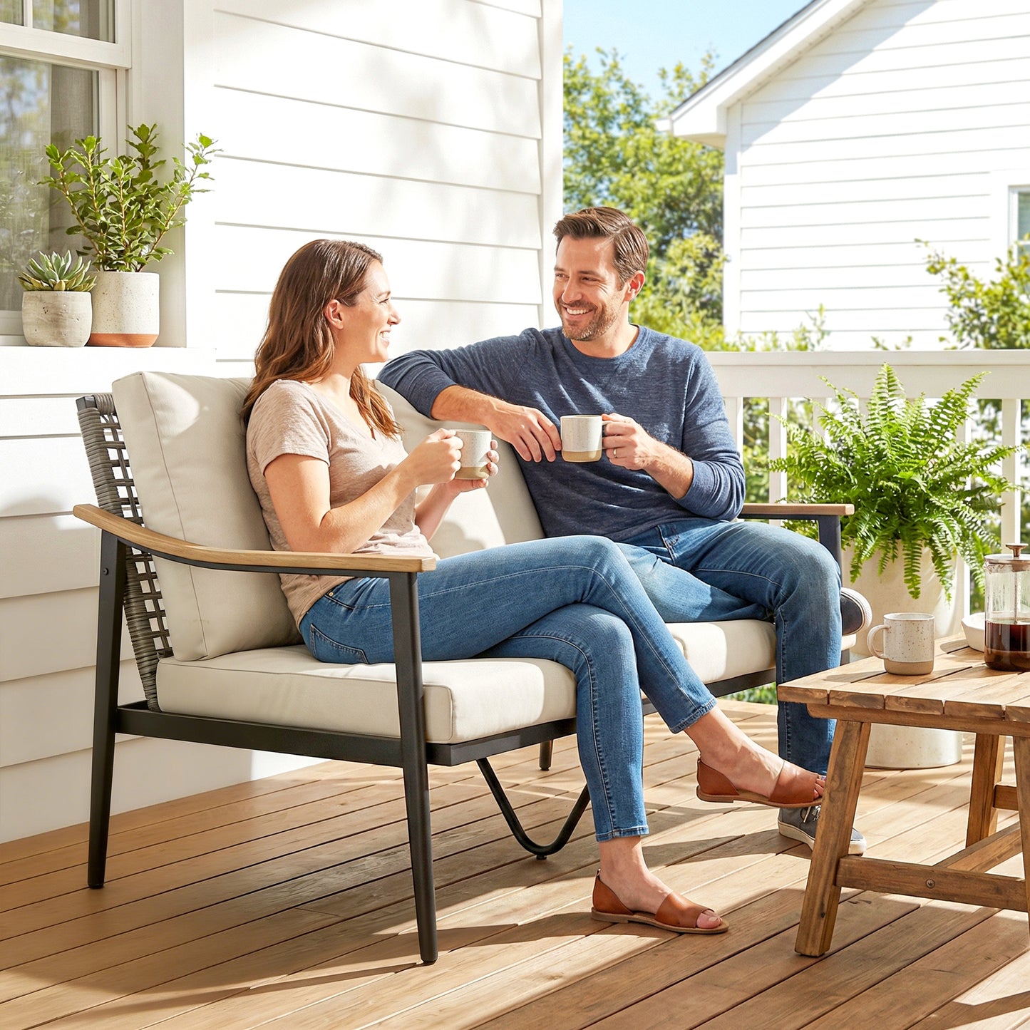 2 Seater Rattan Sofa, Outdoor Garden Sofa with Wood-Effect Armrests