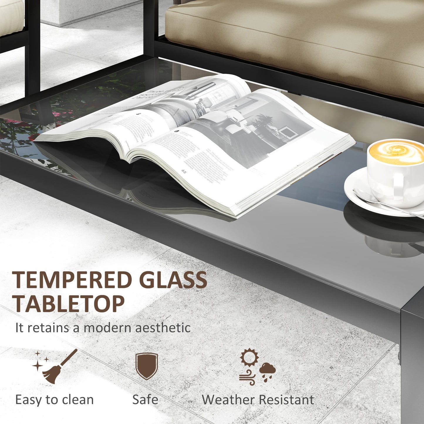 4 Piece Metal Garden Furniture Set with Tempered Glass Coffee Table