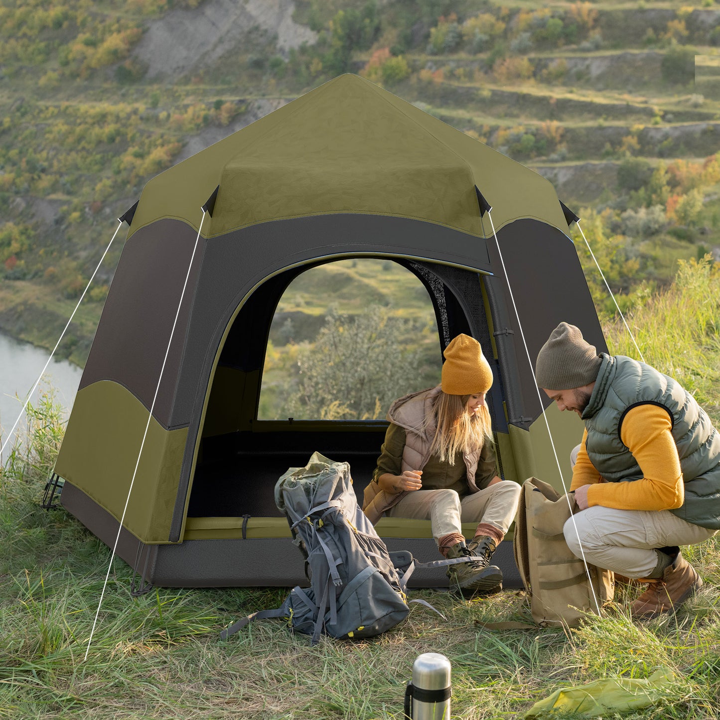 Six Man Hexagon Camping Tent with Hang Hook and Carry Bag