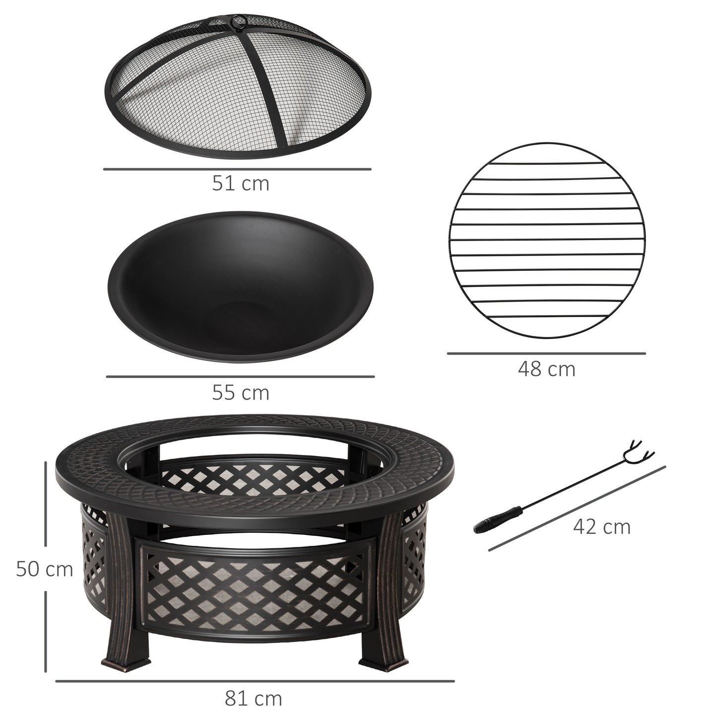 Outdoor Fire Pit, Firepit with Grill Net, Mesh Lid, Poker
