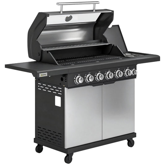 6+1 Burner Gas BBQ Grill, Outdoor Barbecue Trolley with Wheels