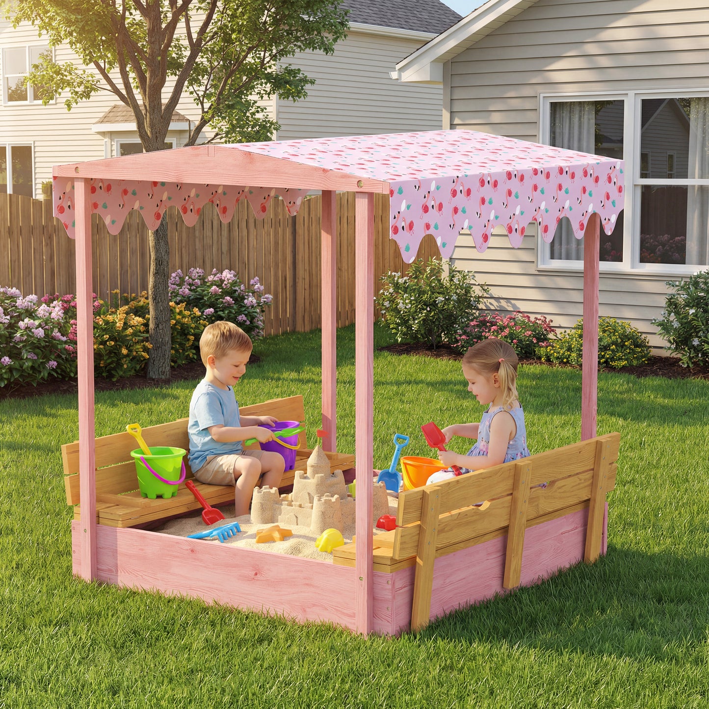 Wooden Sandbox with Lid, Flamingos Print Canopy