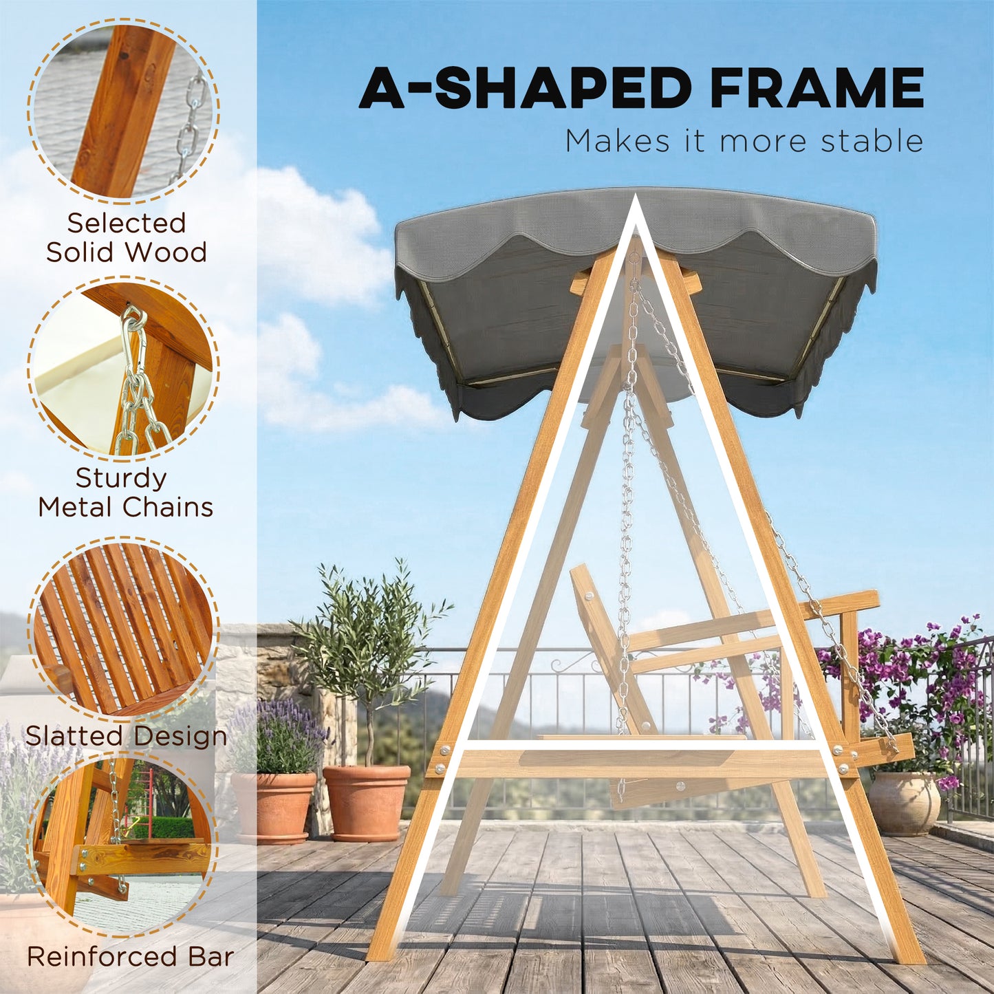 3 Seater Garden Swing Seat with Canopy, Wooden Swing Chair