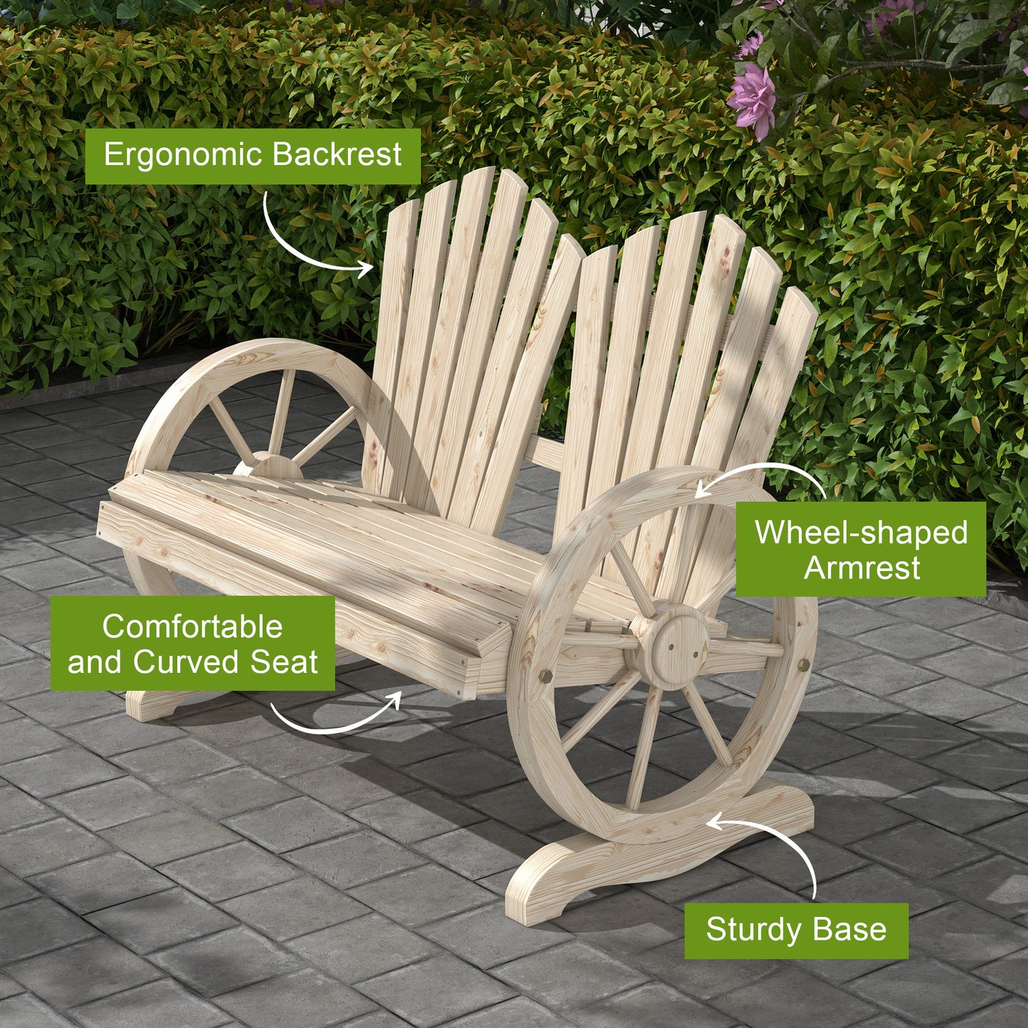 Fir Wood Love Seats with Wheel-Shaped Armrests