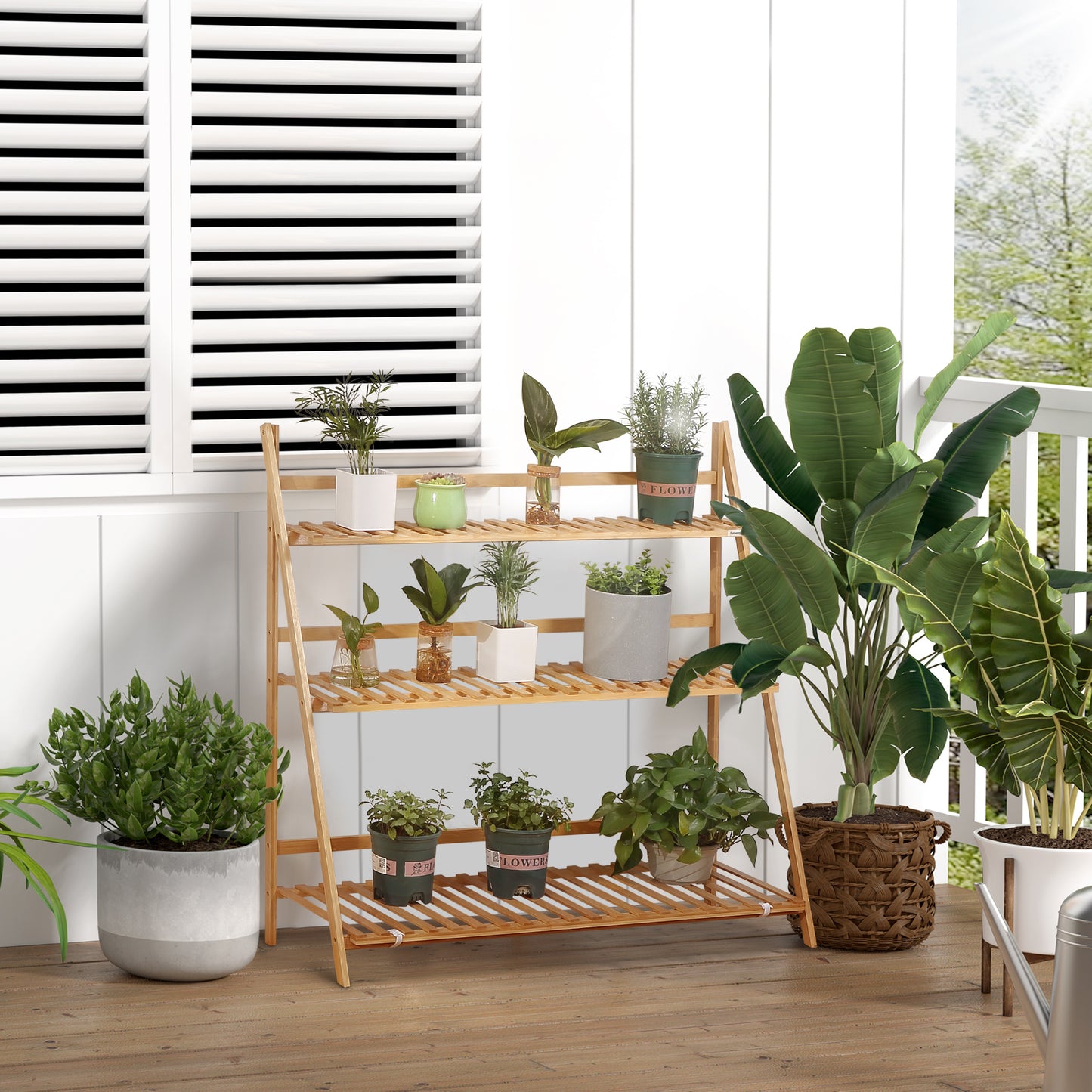 3-Tier Plant Stand, Plant Shelf Rack, Folding Bamboo Display Stand