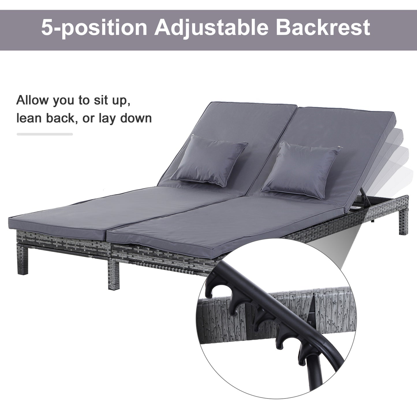 2 Seater Rattan Lounger Adjustable Double Chaise Chair Loveseat w/