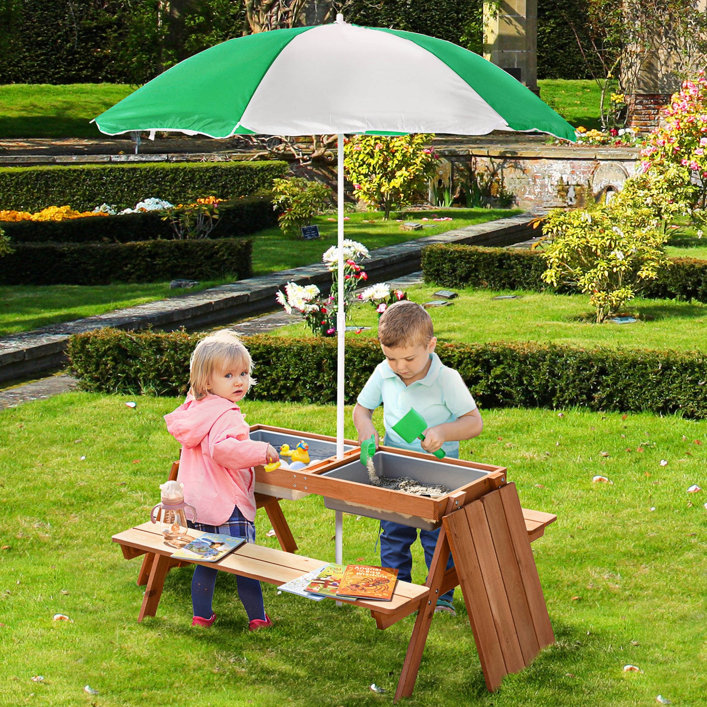 Kids Picnic Table with Benches, Wooden Sand and Water Table