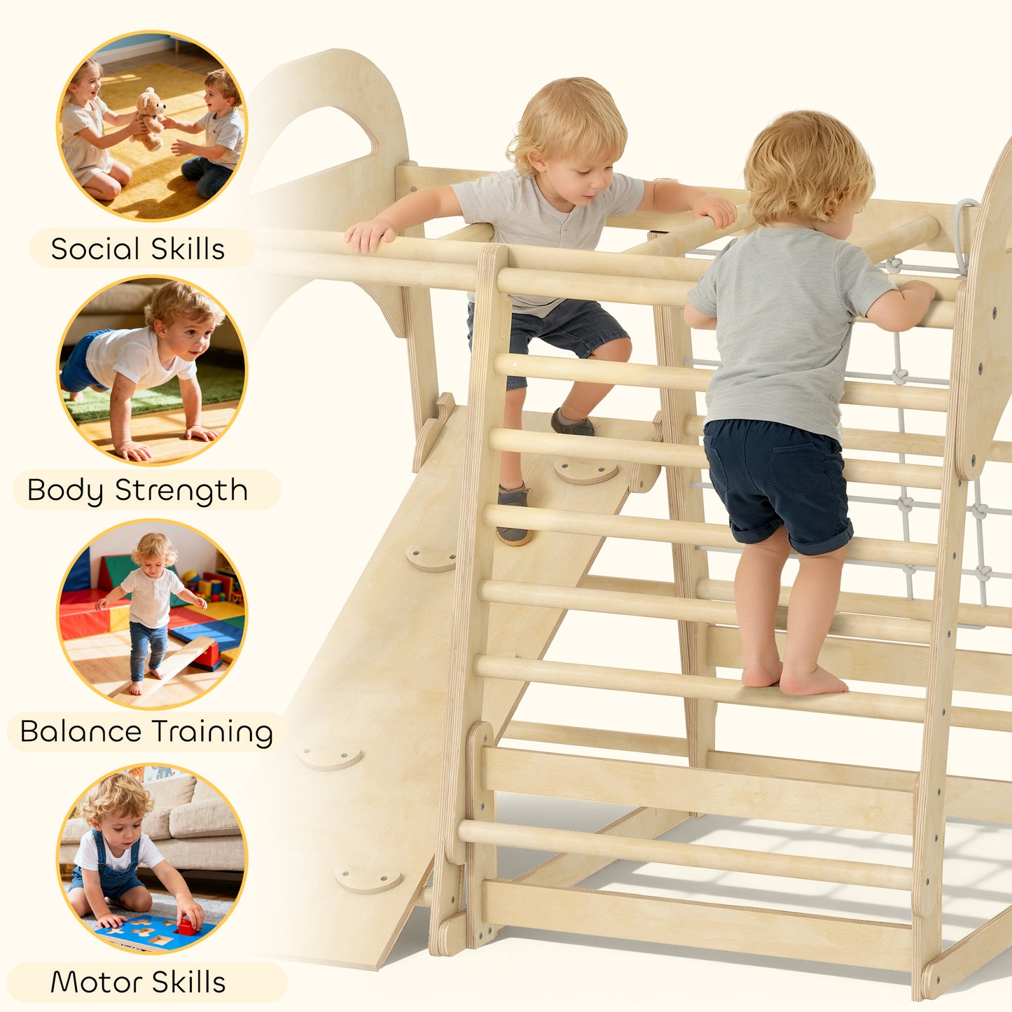 6 in 1 Kids Climbing Frame with Slide, Monkey Bars, Gymnastics Rings