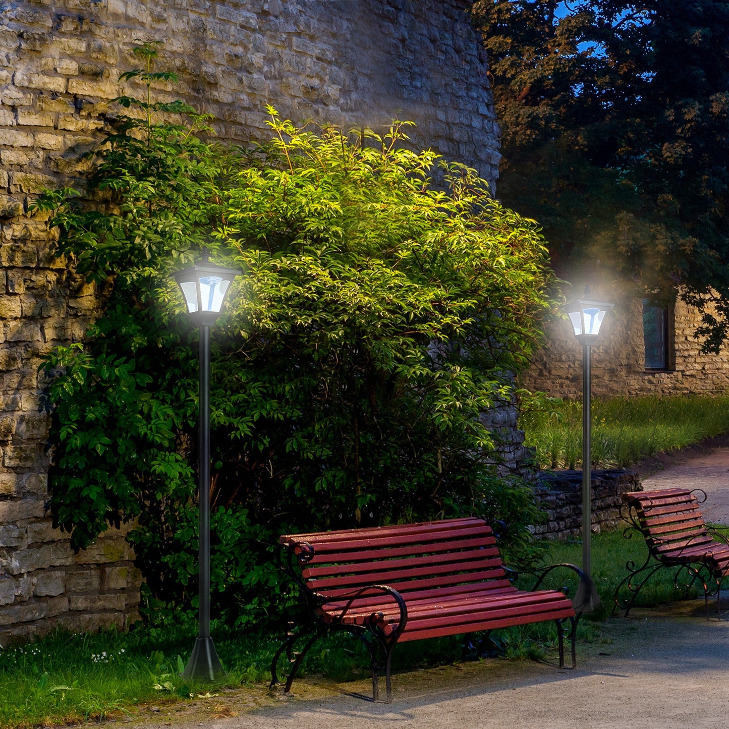 Set of 2 Outdoor Garden Solar Post Lamp Sensor Dimmable LED Lantern