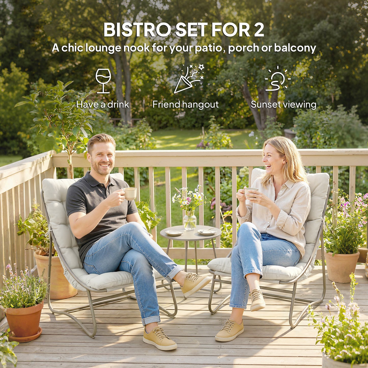 3 Piece Garden Bistro Set, Round Outdoor Bistro Table and Chairs Set