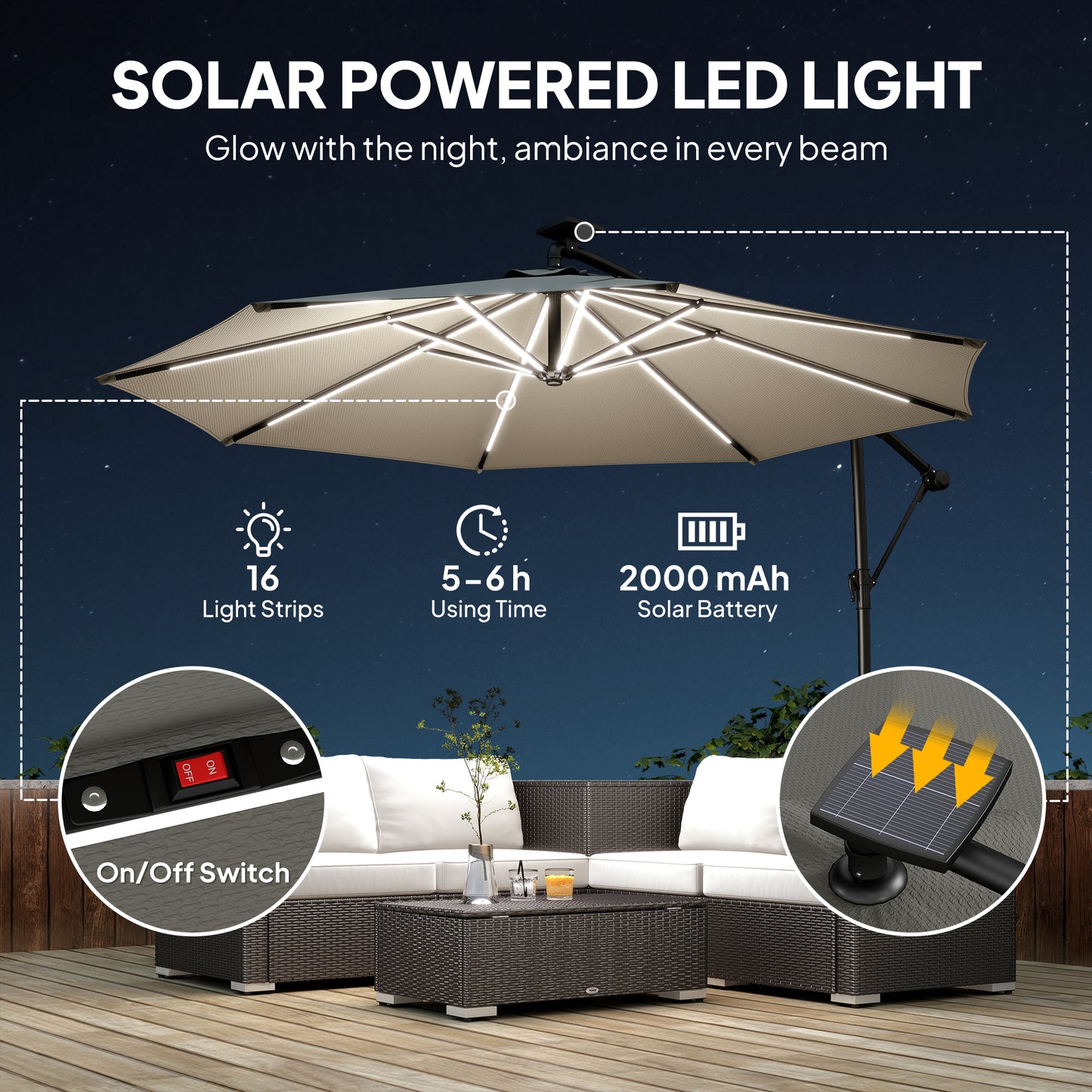 3 m Garden Cantilever Parasol with LED Solar Light