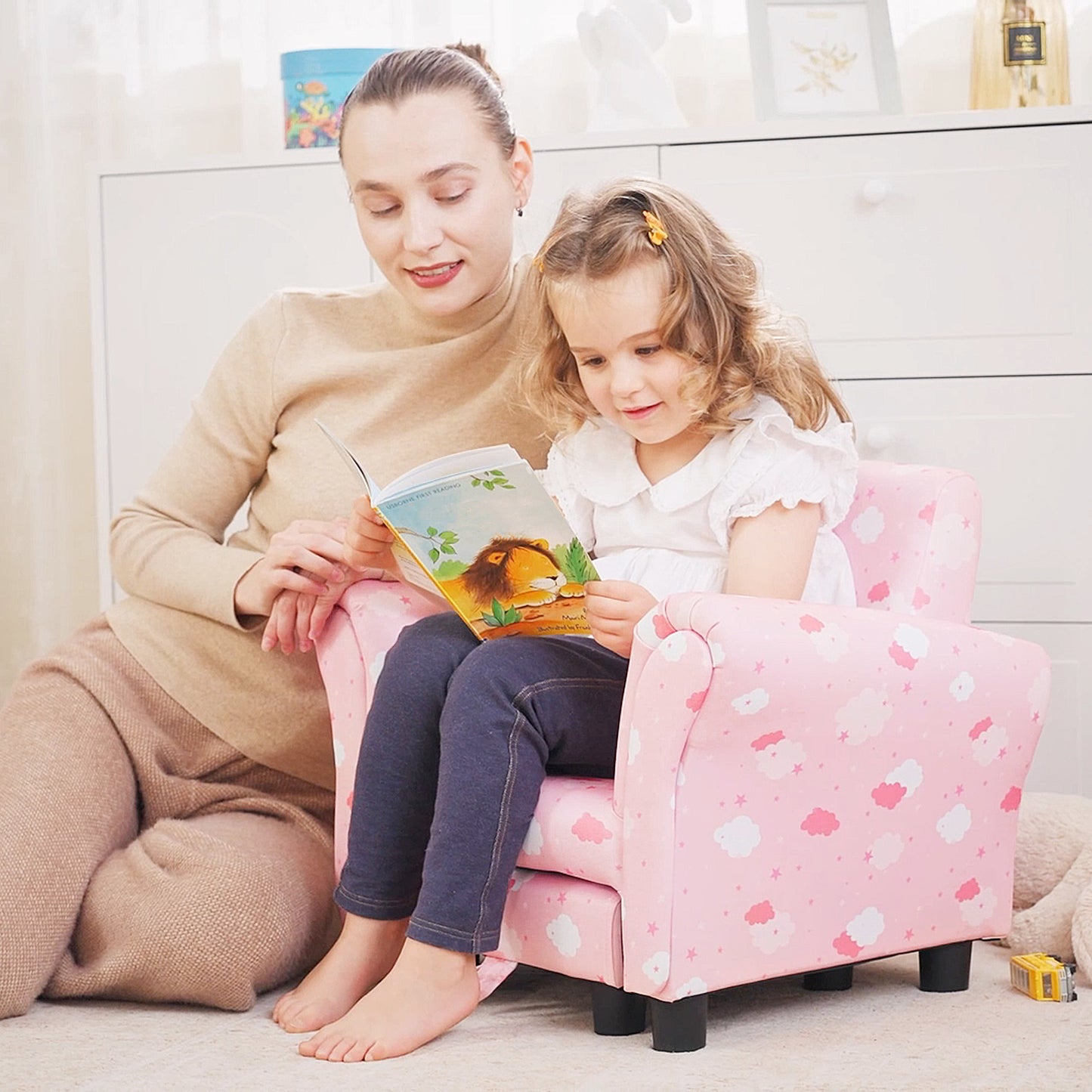 Toddler Chair Children's Armchairs Wood Frame w/ Footrest Anti-Slip