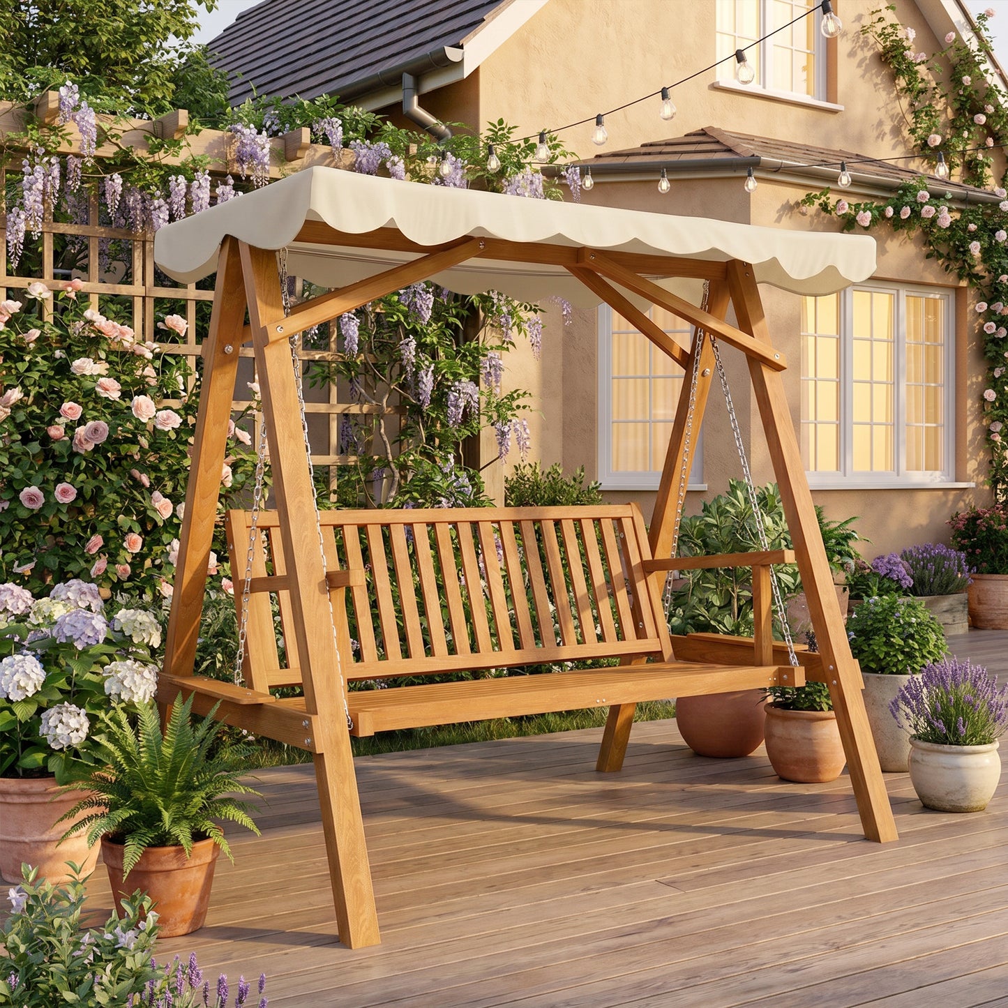 3 Seater Garden Swing Seat with Canopy, Wooden Swing Chair