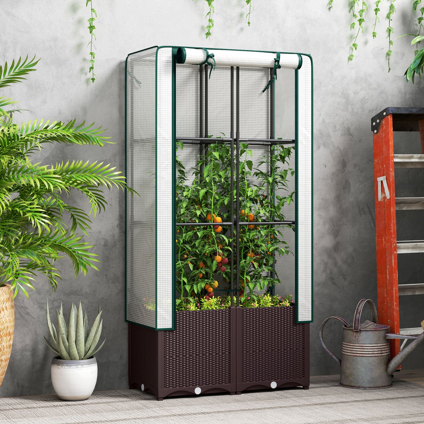 Raised Garden Bed with Trellis, Plastic Planter Box with PE Cover