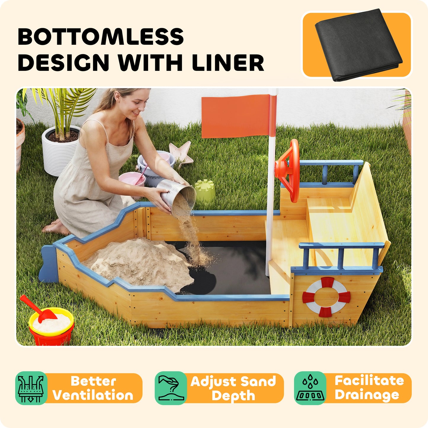 Kids Sand Pit, Children Pirate Ship Sandbox with Bench, Bottom Liner