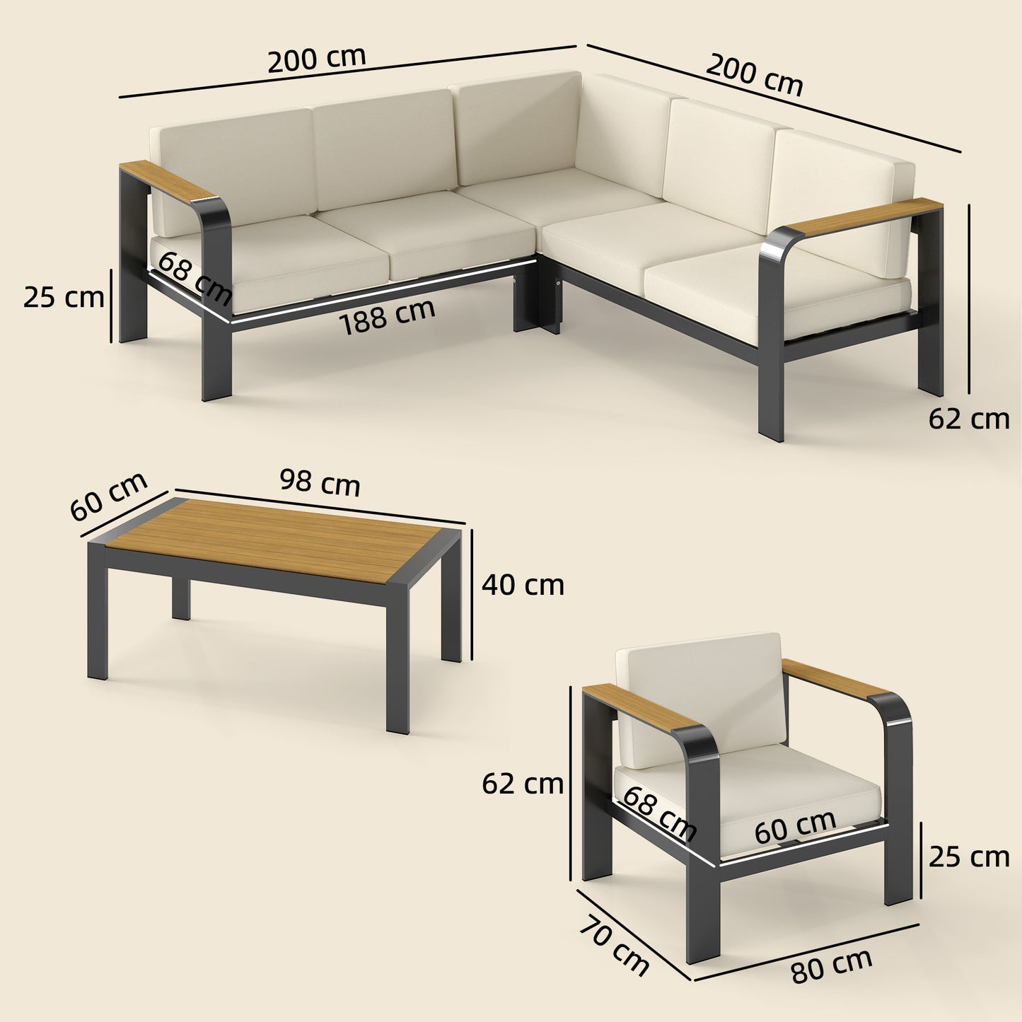 3 Pieces Garden Furniture Set with L-Shaped Sofa