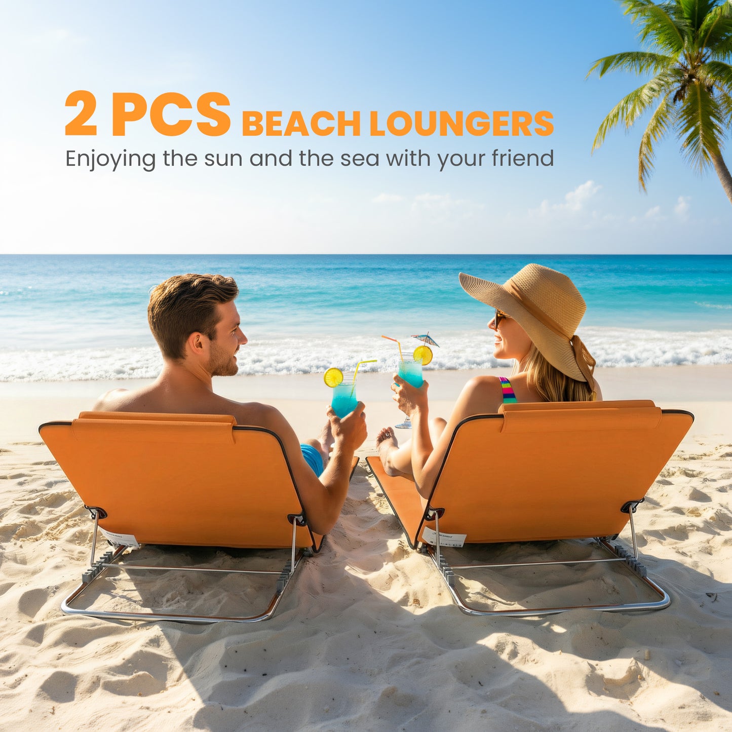 Set of Two Metal Frame Beach Chairs, with Reclining Backs