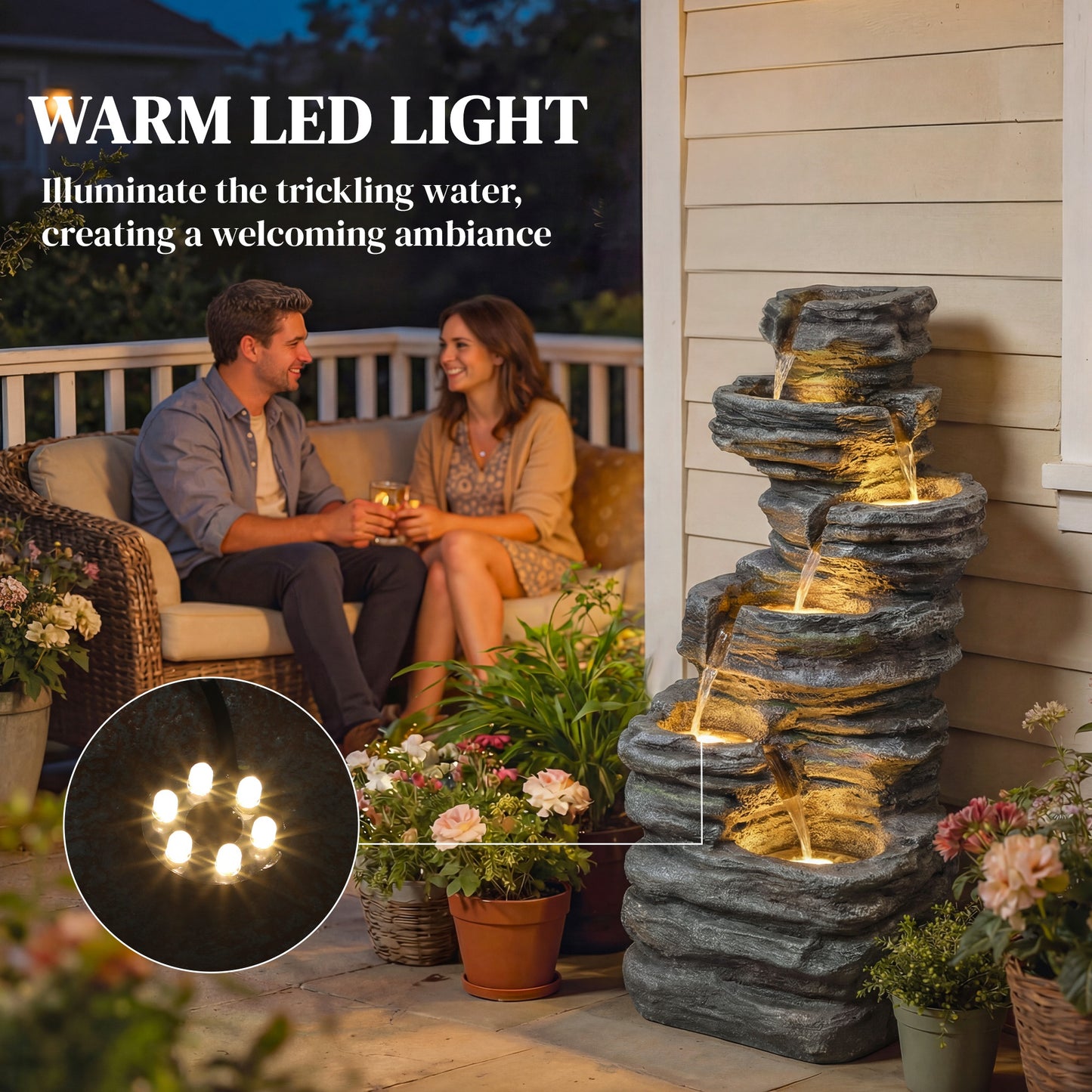 Outdoor Fountain, 6-Tier Cascading Waterfall Feature with LED Lights