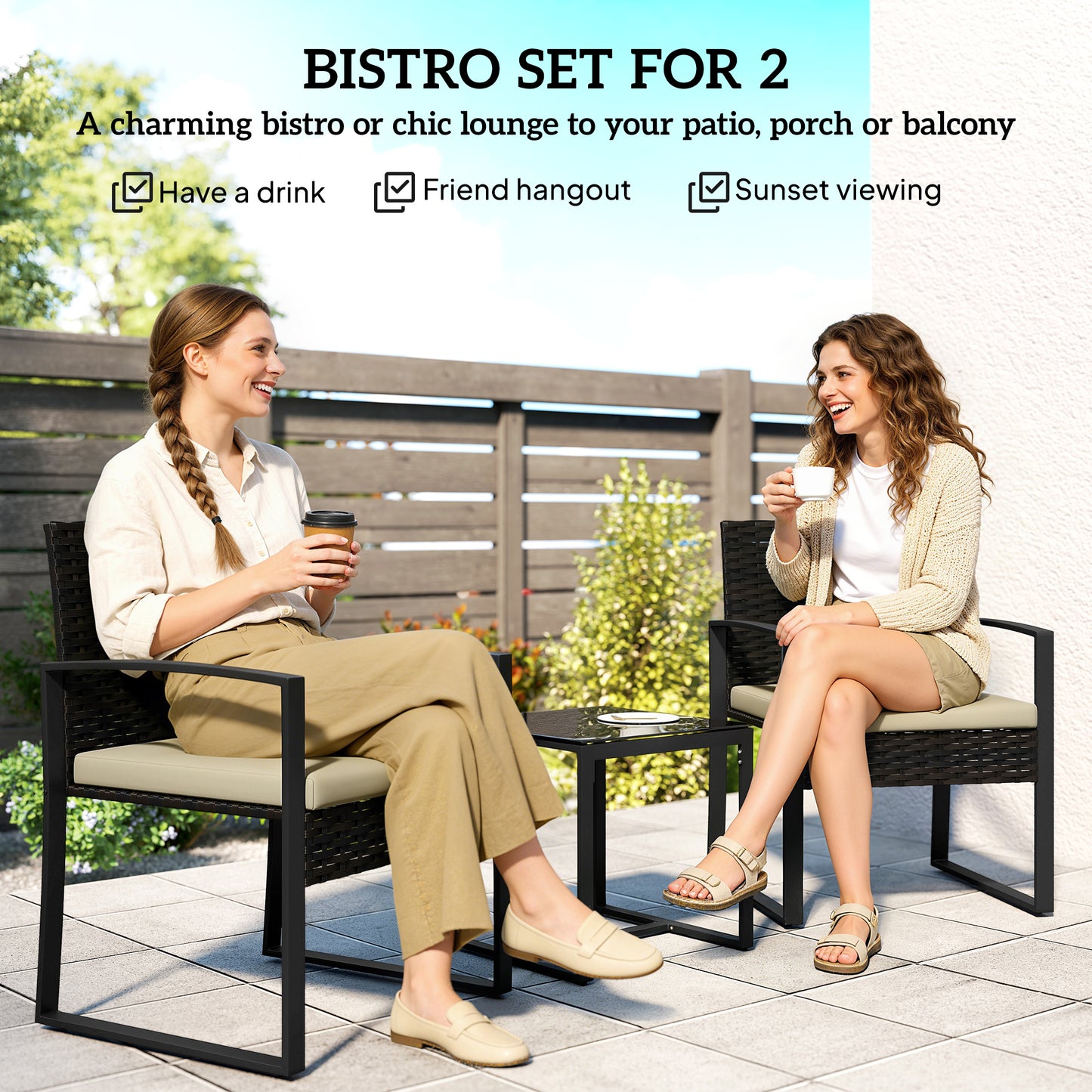 Rattan Bistro Set, 3 Piece Garden Furniture Set with Glass Top Table