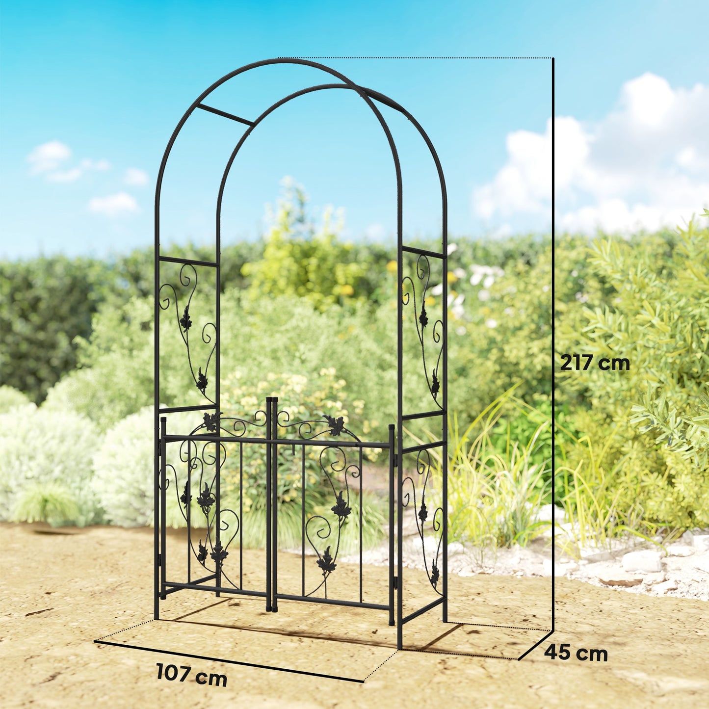 2.17m Steel Garden Arch with Gate, Wedding Arch for Outdoor, Garden