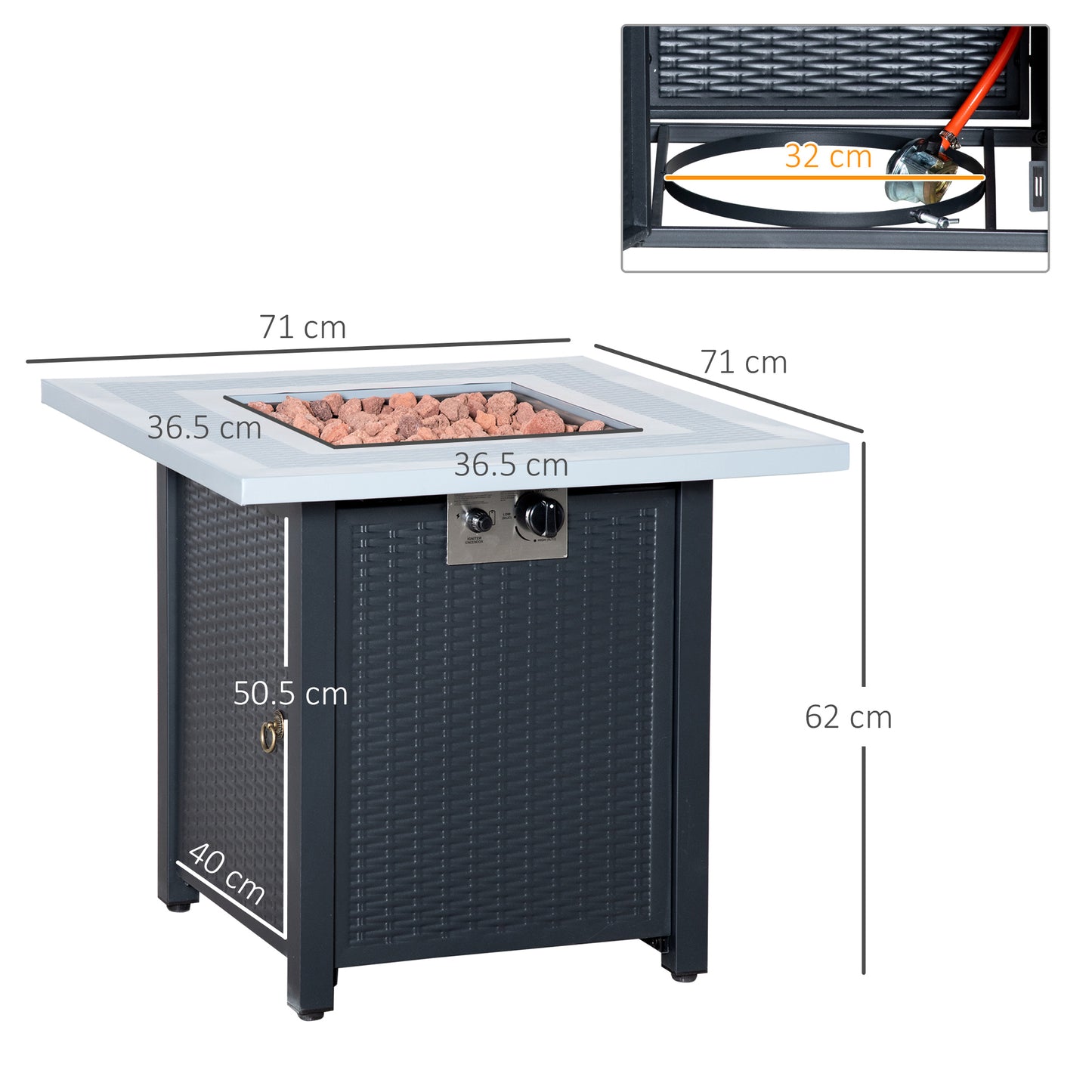 71 x 71cm 40000 BTU Gas Firepit Table - Black/Grey