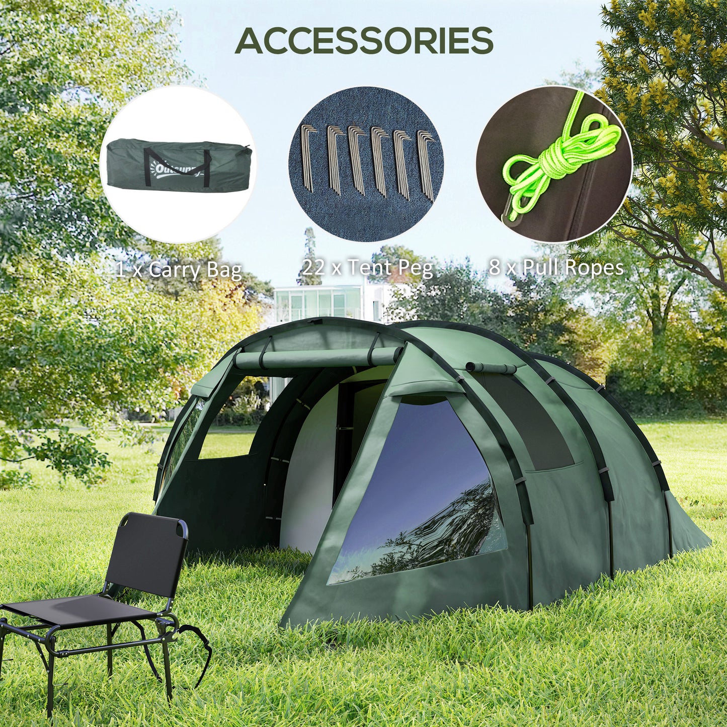 Two Room Tunnel Tent Camping Tent for  3-4 Man with Windows, Covers