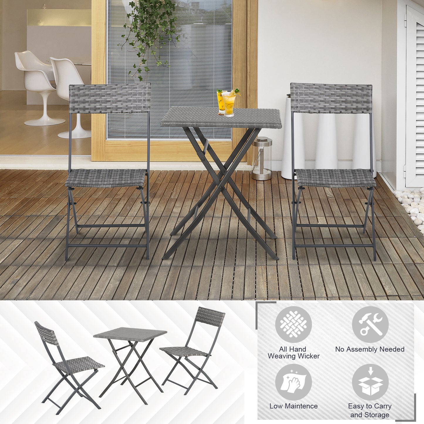 2-Seater Chair Bistro Set Garden Patio Table & Chair Black Rattan