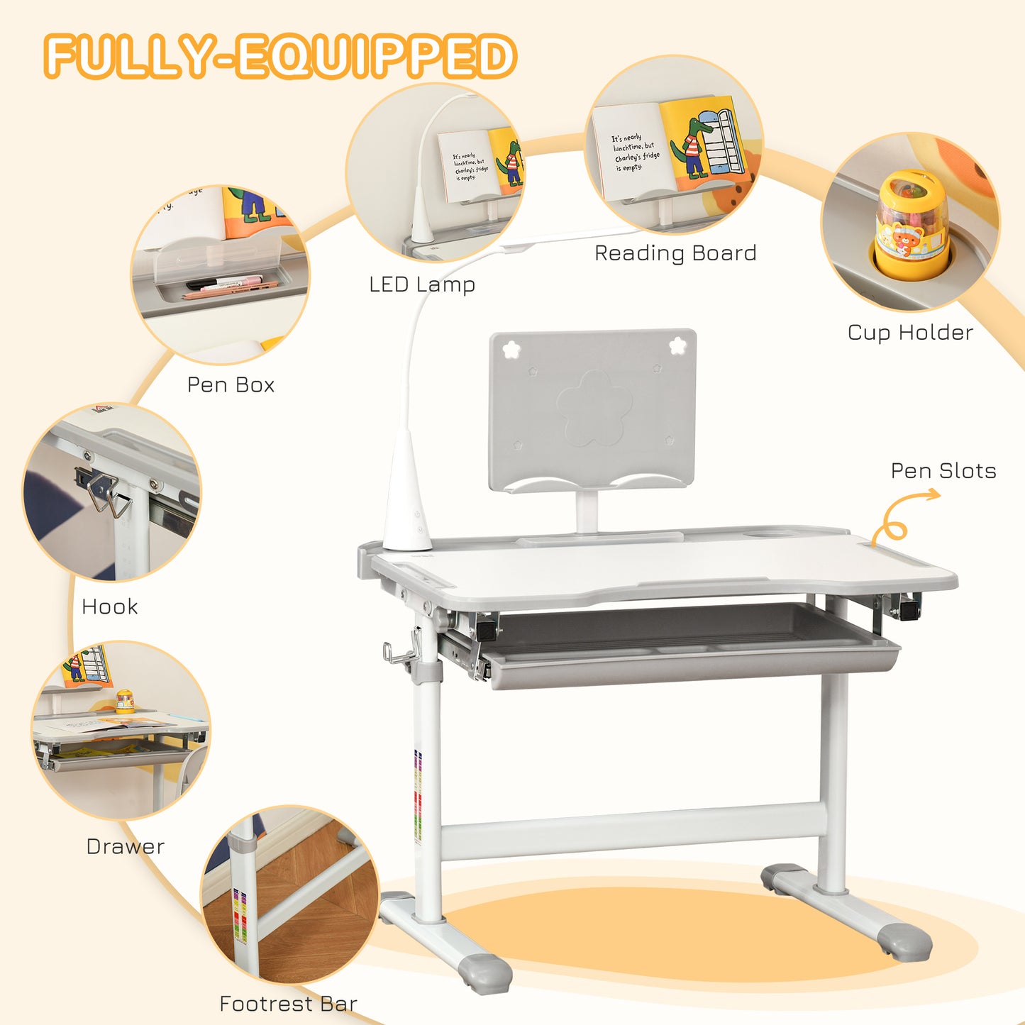 Kids Study Desk and Chair Set w/ Adjustable Height, Storage, Drawer