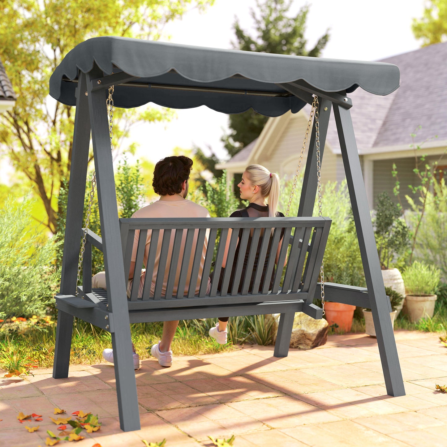 2 Seater Garden Swing Seat with Canopy, Wooden Swing Chair
