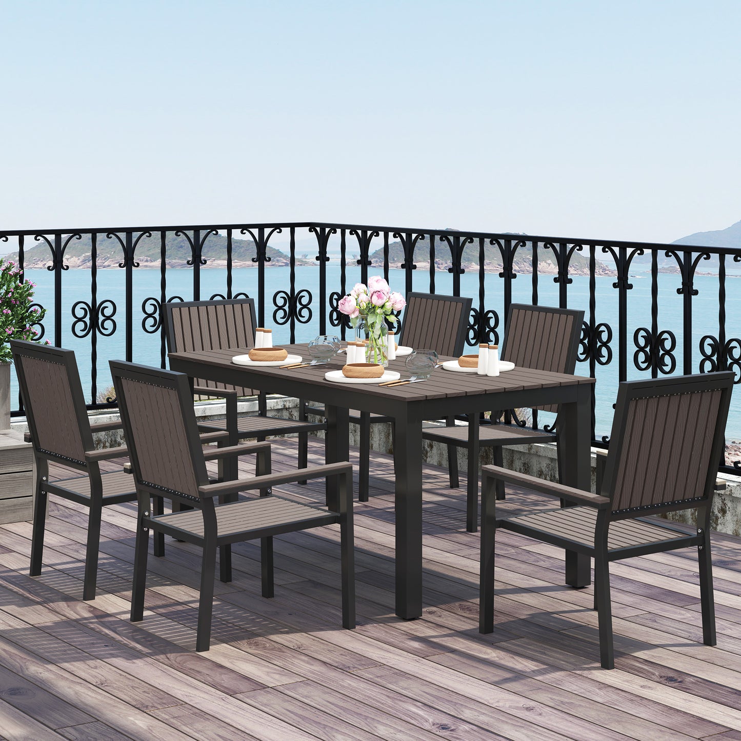 6 Seater Garden Dining Set with Stackable Chairs, Aluminium Frame