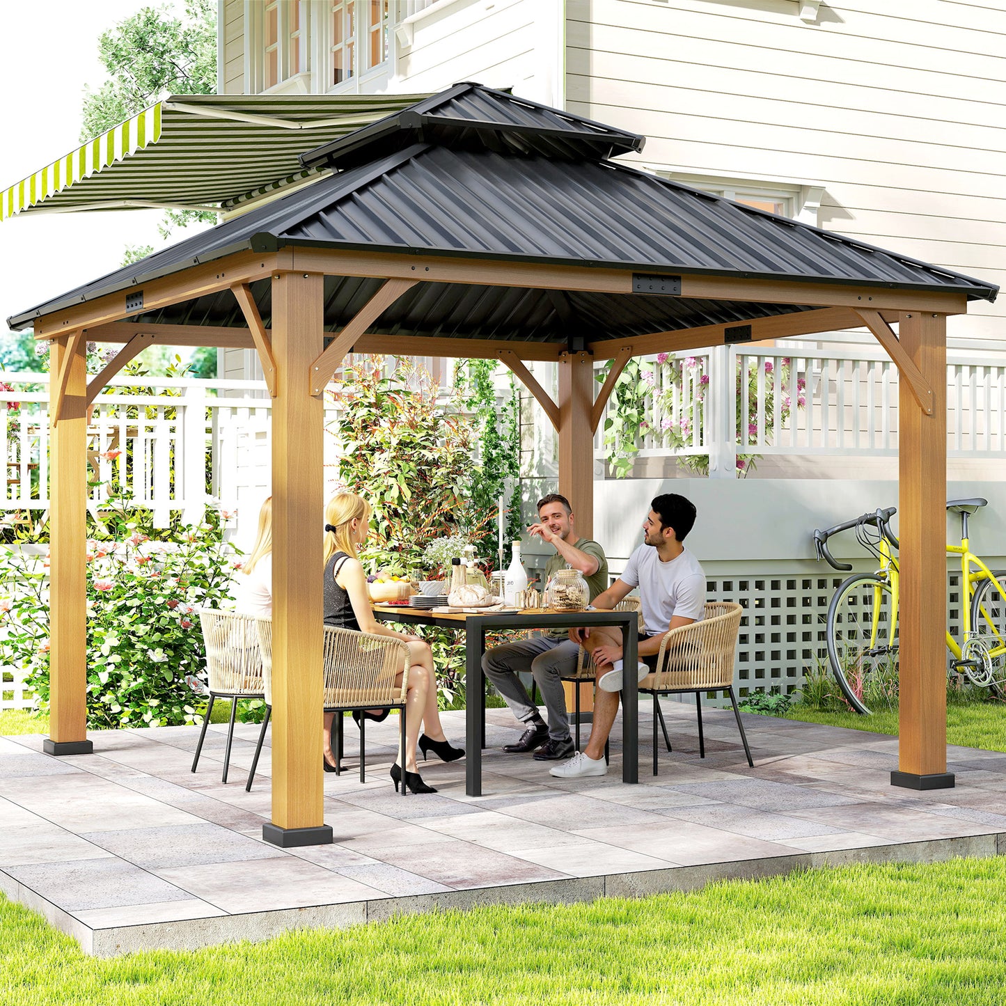 3.5 x 3.5m Outdoor Hardtop Gazebo Canopy with Two-tier Metal Roof