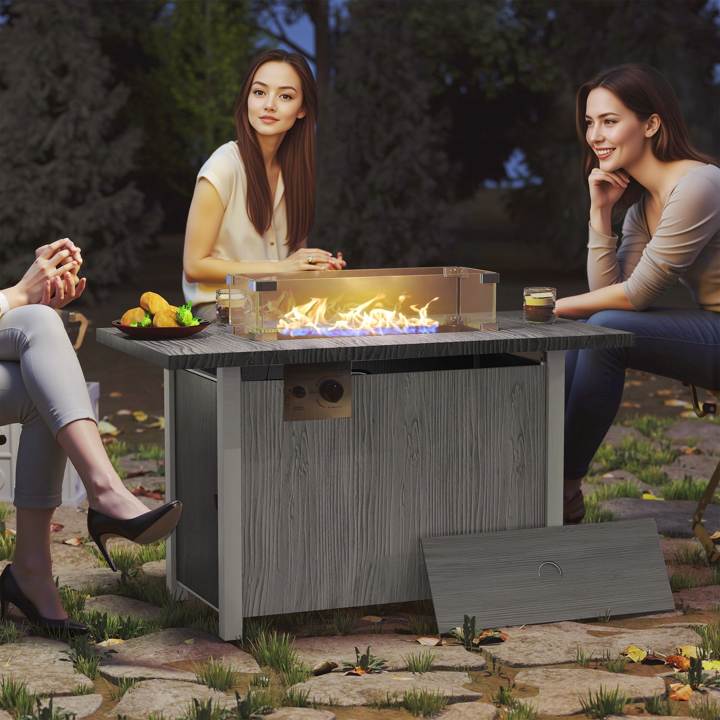 50,000 BTU Gas Fire Pit Table with Cover and Glass Screen