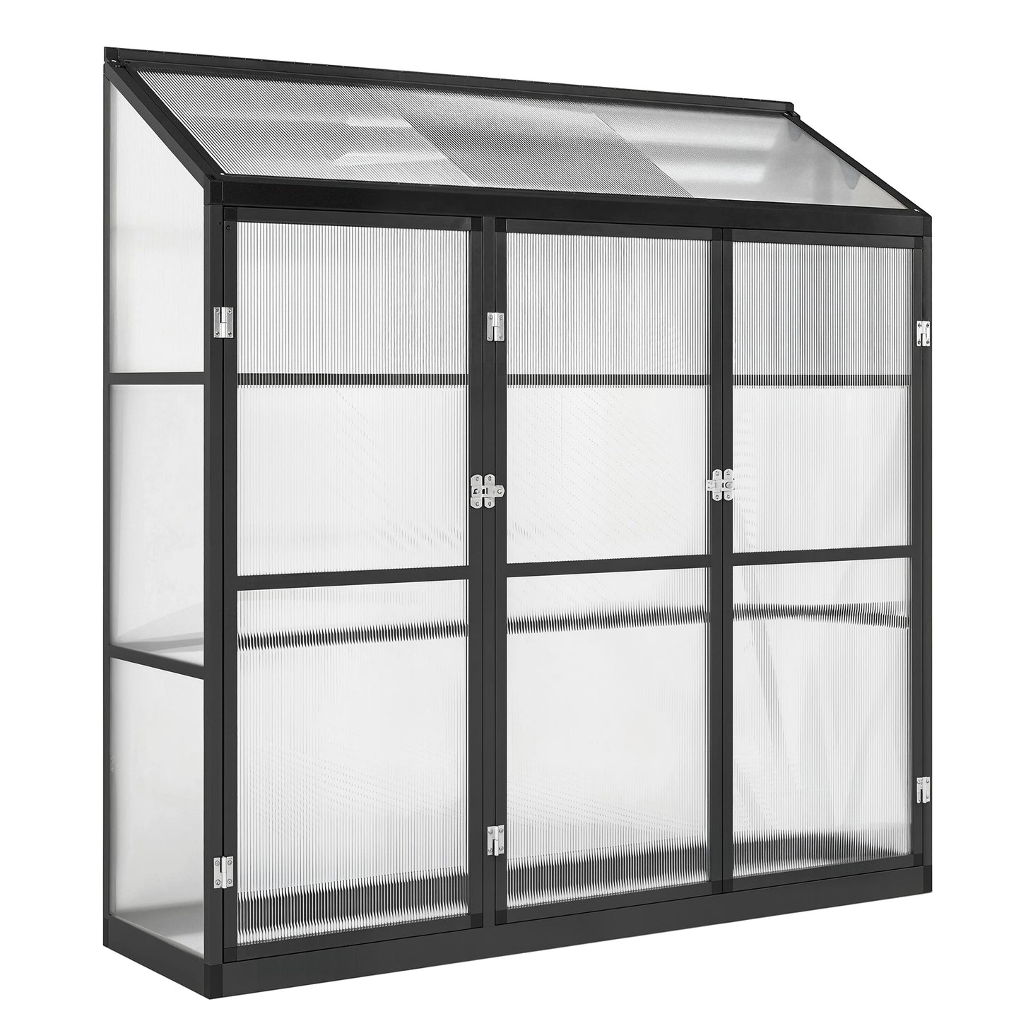 Polycarbonate Greenhouse with 3 Hinged Doors, Top Vent