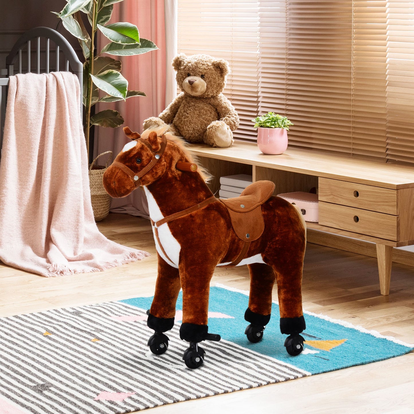 Plush Walking Horse Ride On Toy with Wheels