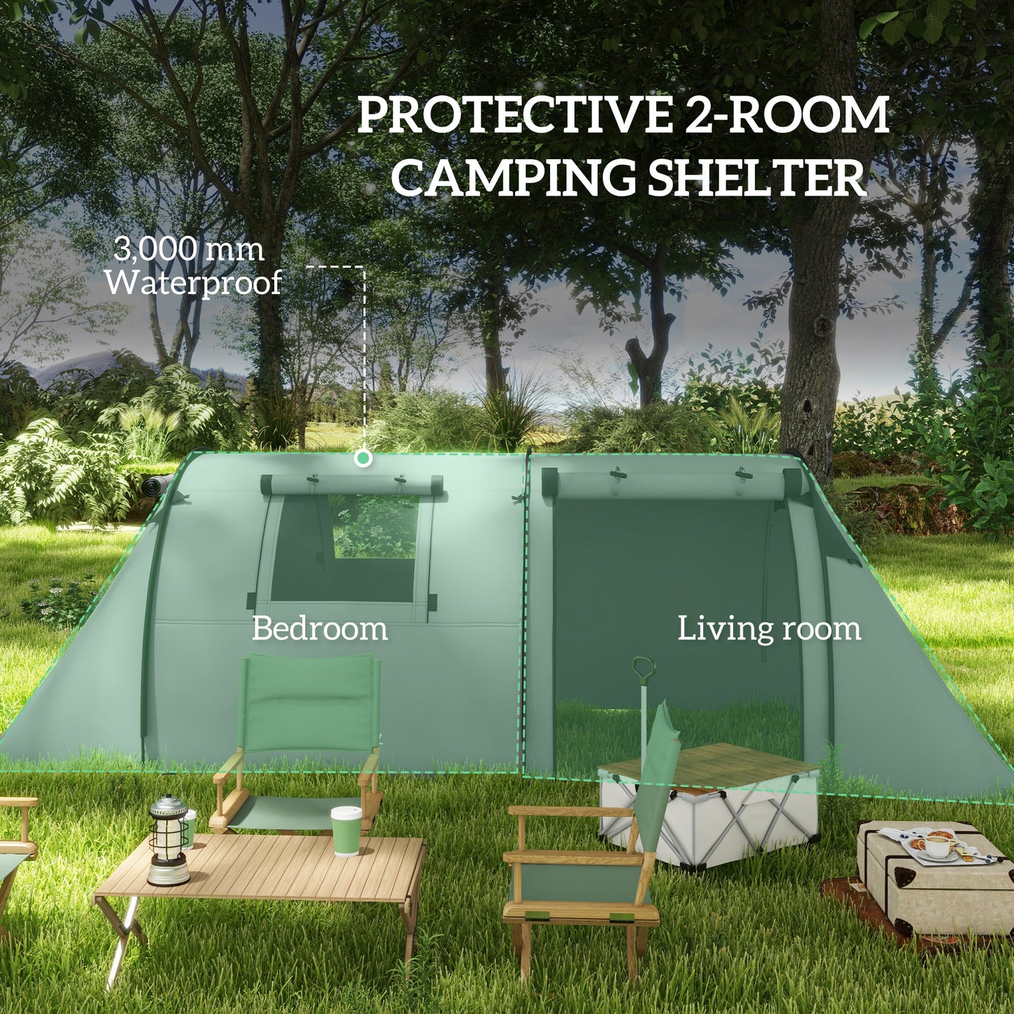 Four Man Duo Room Tunnel Tent, with Accessories