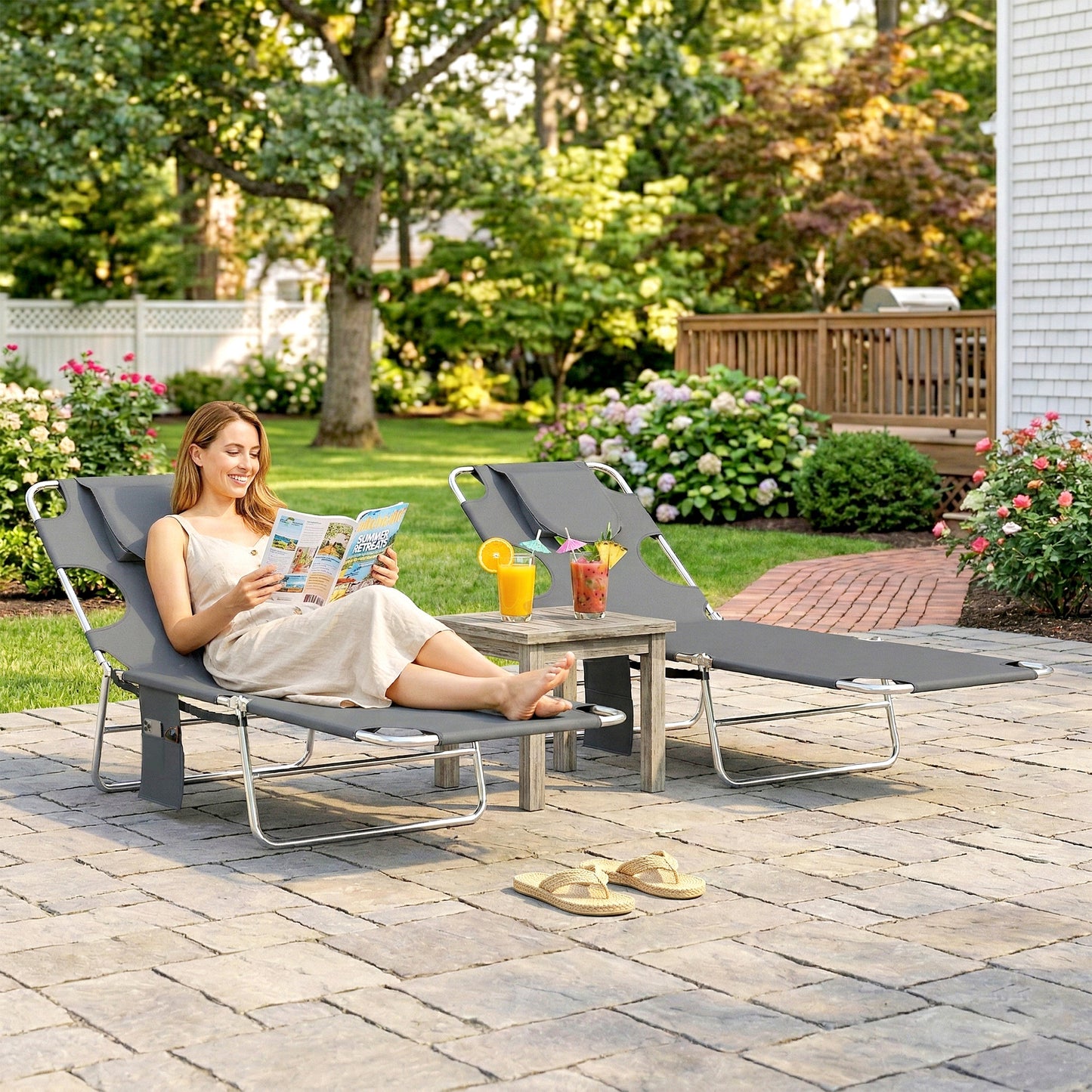 5-Position Adjustable Sun Loungers Set of 2 with Reading Hole