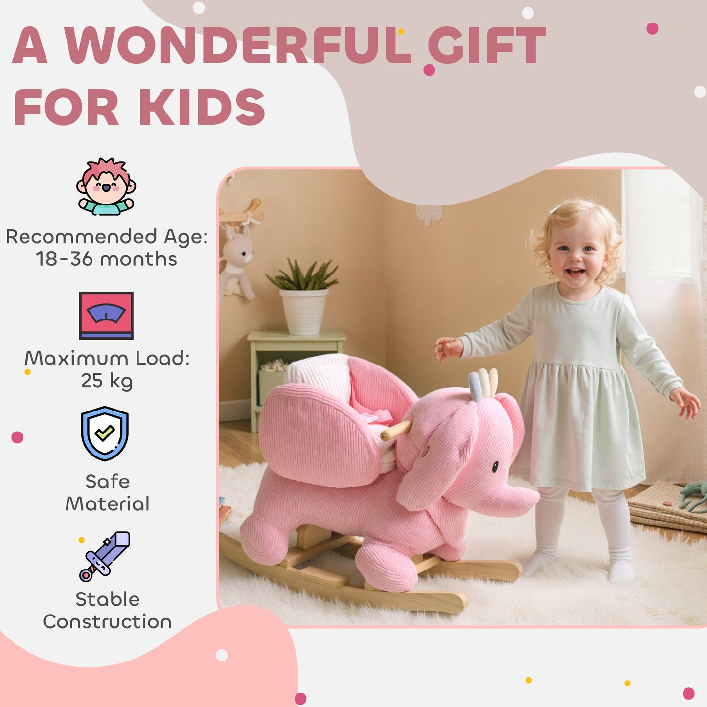Kids Rocking Horse, Baby Ride on Elephant Rocker with Safety Belt