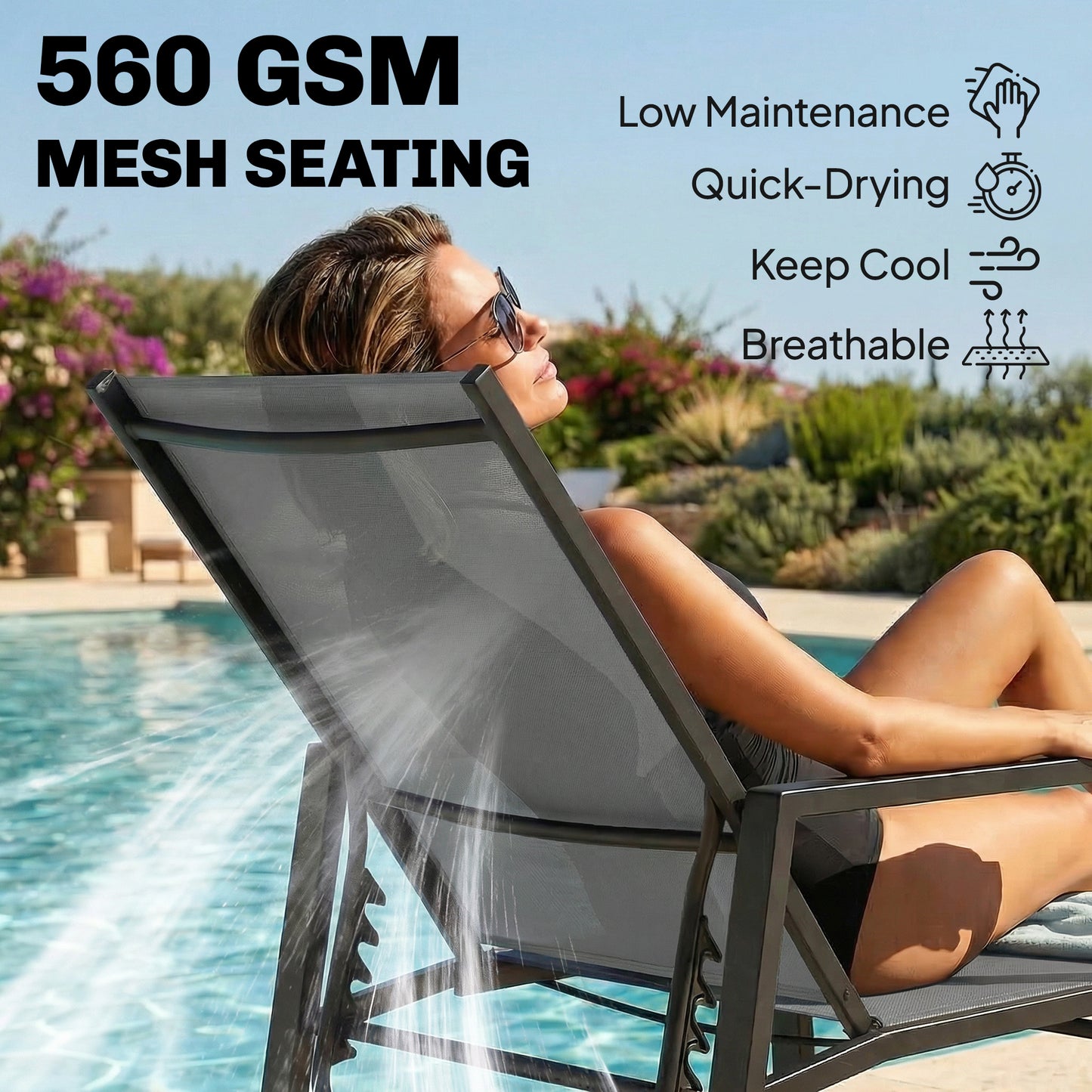 Sun Lounger Retracable Footrest 5-Position Adjustable Steel Frame