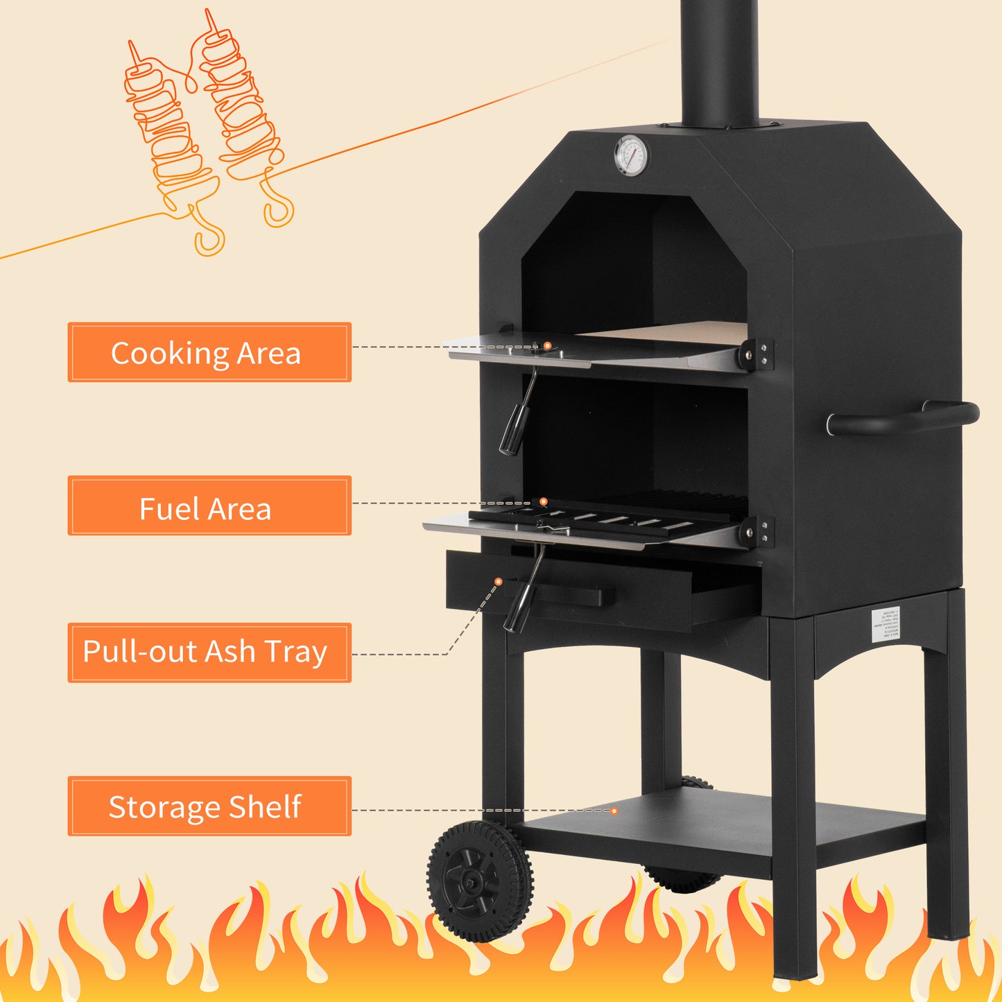 Outdoor Garden Pizza Oven Charcoal BBQ Grill 3-Tier Freestanding w/
