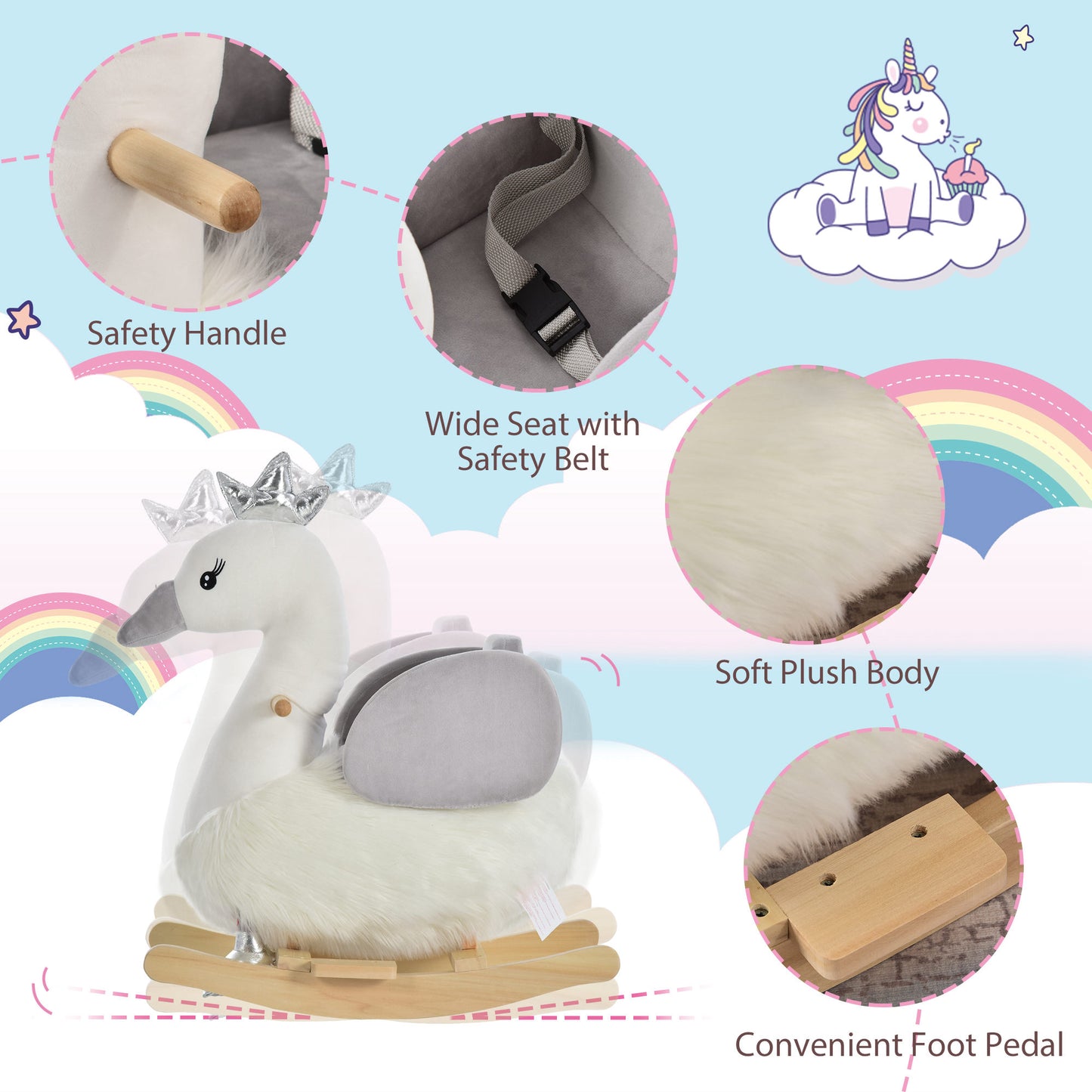 Kids Rocking Horse, Children Plush Ride On Swan Animal Rocker w/