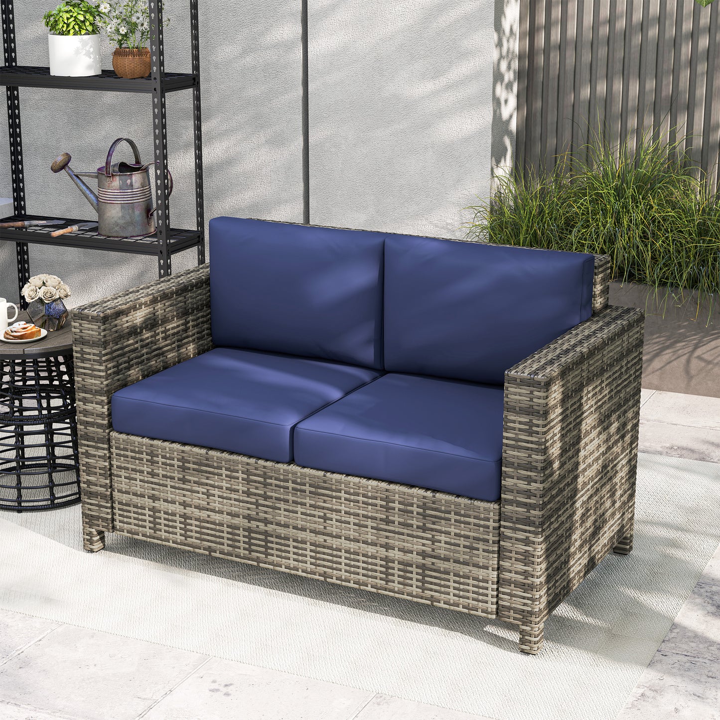 Rattan Sofa, 2 Seater Garden Furniture with Soft Padded Cushion