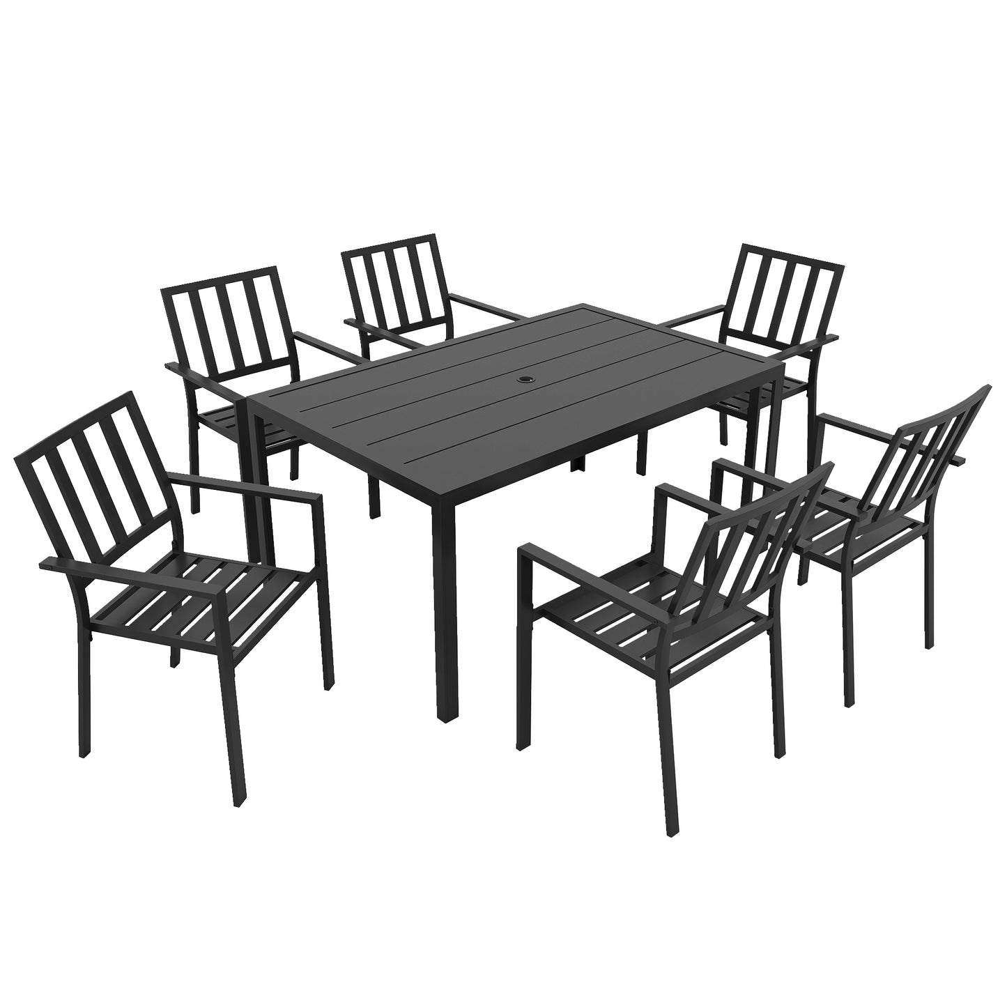 Seven-Piece Minimal Metal Garden Dining Set, with Parasol Hole