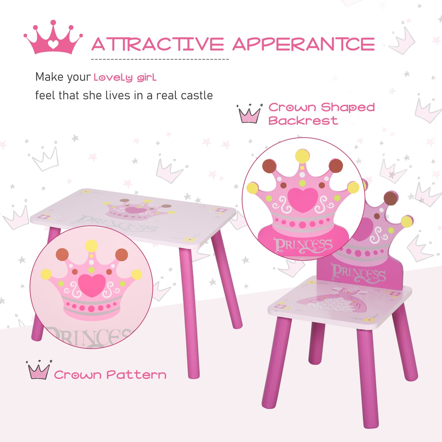 3 Pcs Kids and Table Chair Set Princess & Crown Theme Home