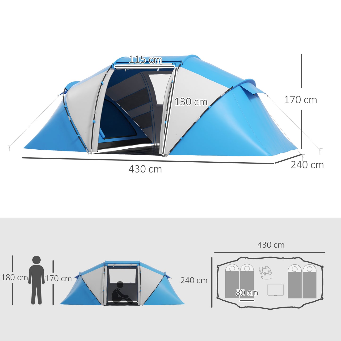 4-6 Man Camping Tent w/ Two Bedroom, Hiking Sun Shelter