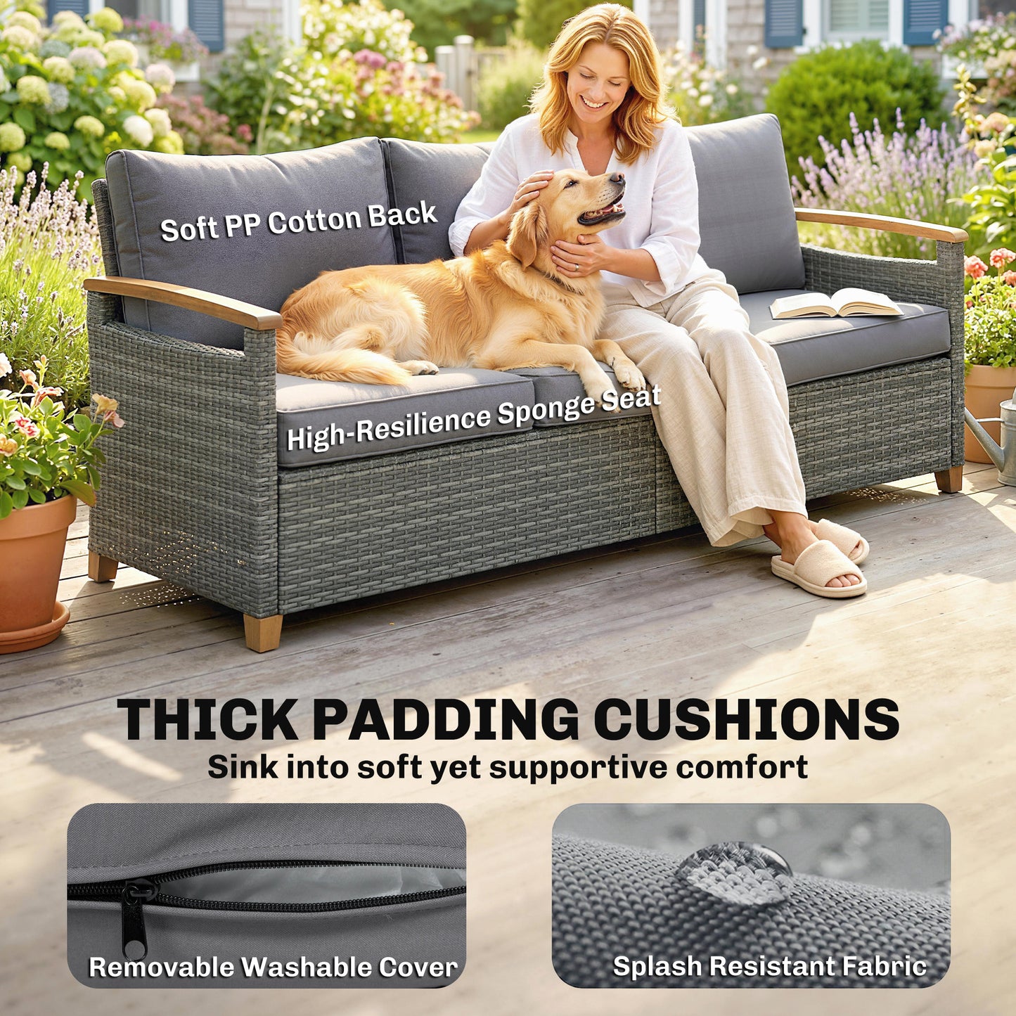3 Seater Rattan Garden Sofa, PE Wicker Outdoor Sofa Wide Deep Seat