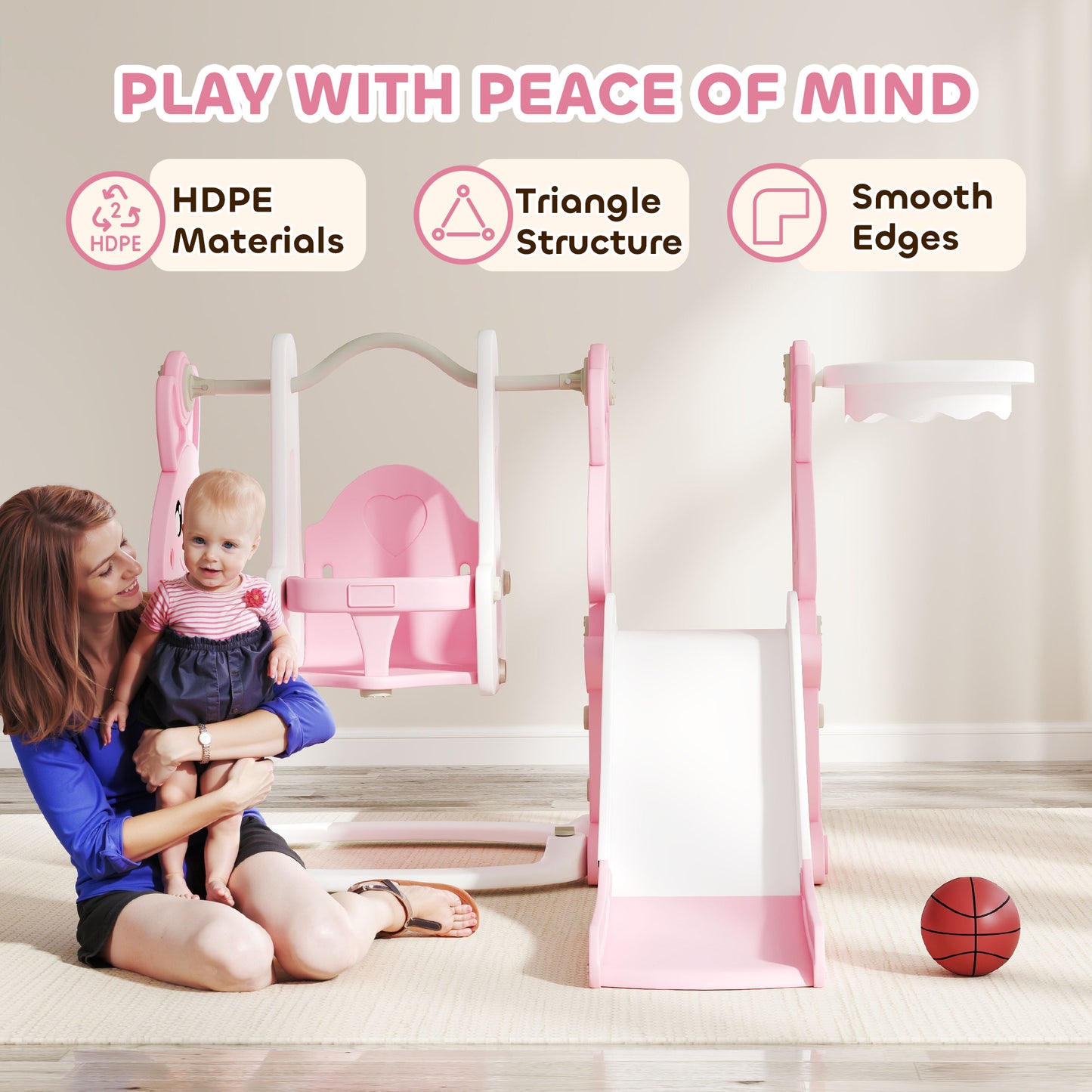 4 in 1 Kids Slide and Swing Set with Climber, Basketball Hoop