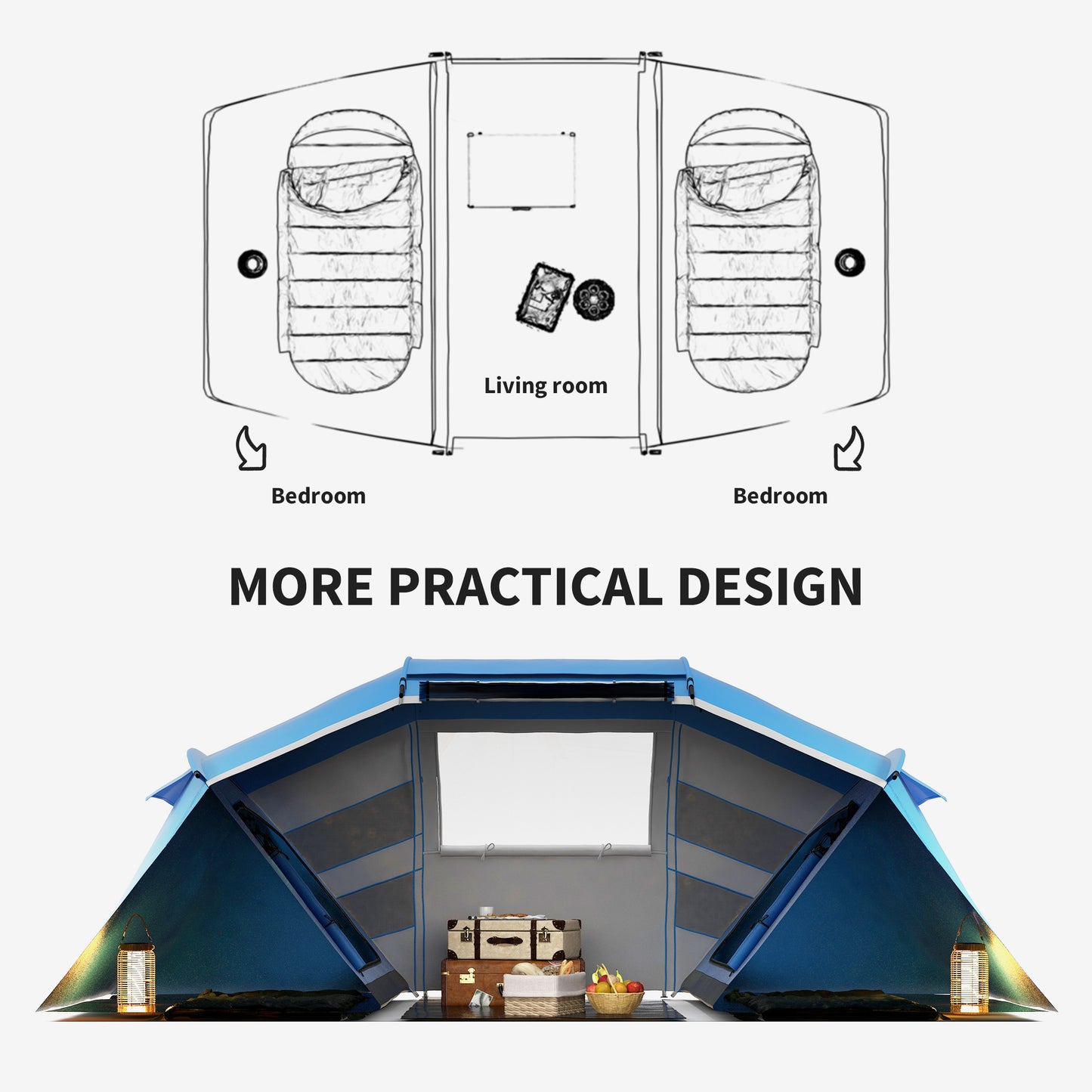 4-6 Man Camping Tent w/ Two Bedroom, Hiking Sun Shelter