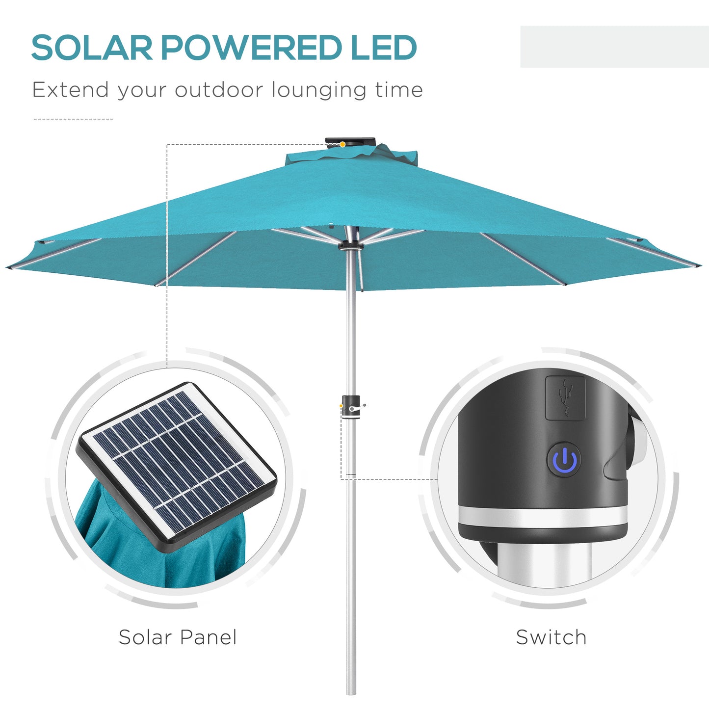 3m Parasol, with Solar-Powered LED Lights