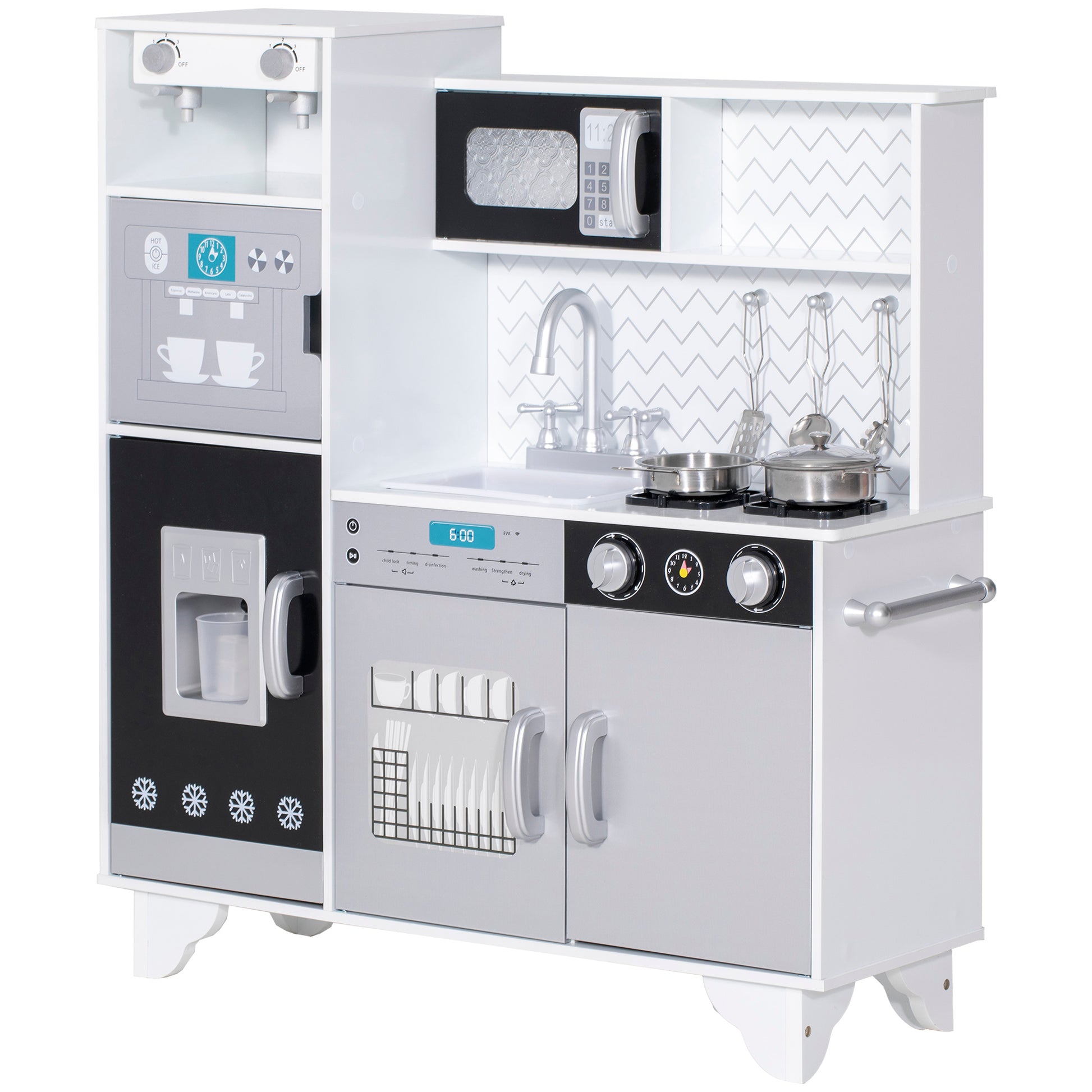 Kids Play Kitchen with Sound, Ice/Coffee Maker, Utensils, Microwave